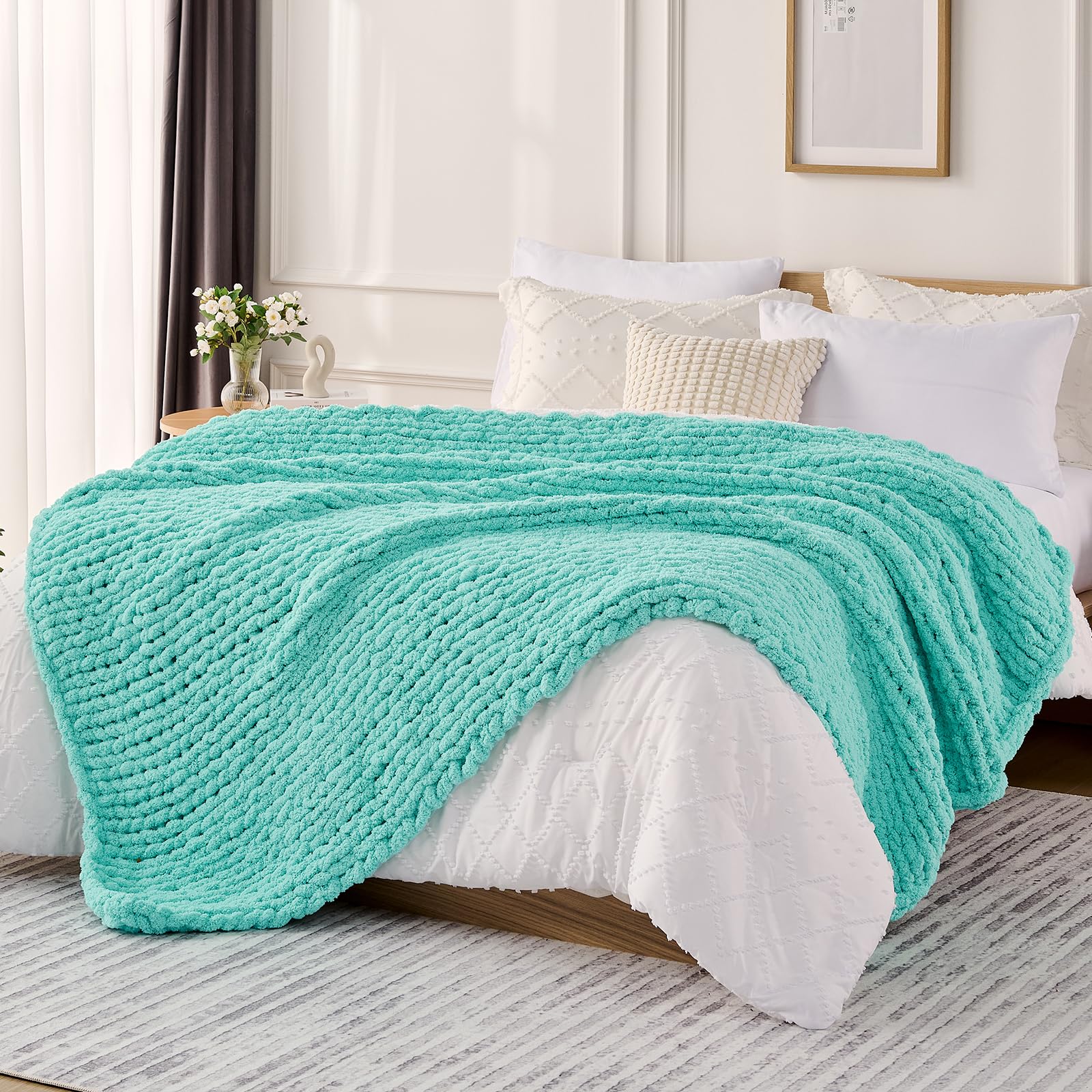 L'AGRATY Chunky Knit Blanket Throw,Soft Chenille Yarn Throw Blanket 50x60，Handmade Cable Knit Crochet Blanket,Large Knit Blankets Chunky Yarn,Rope Knot Throw Blanket for Couch Sofa Bed Home Decor