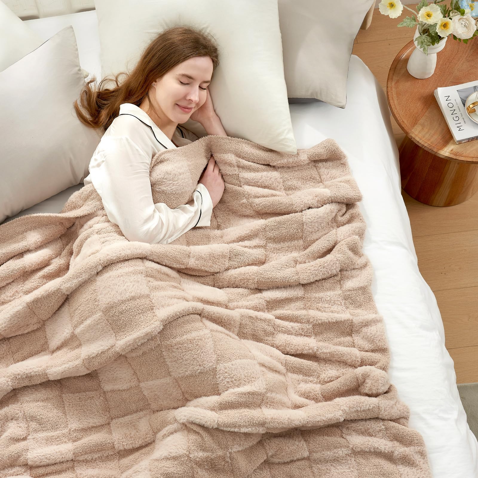 Snuggle Sac Sage Green Checkered Throw Blanket Faux Fur Knitted with Microfiber Yarn, Cozy Soft Warm Spring Blankets for Couch,Sofa,Bedroom,Sage Green Checker,50x60 inches