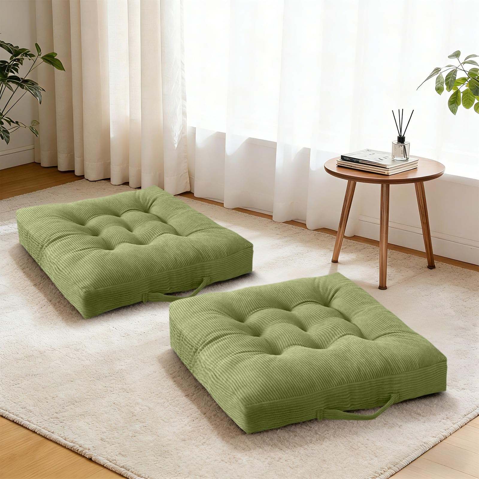 Set of 2 Beige Tufted Velvet Floor Seat Cushions 18×18 Inch, Washable Portable Chair Pads with Handle