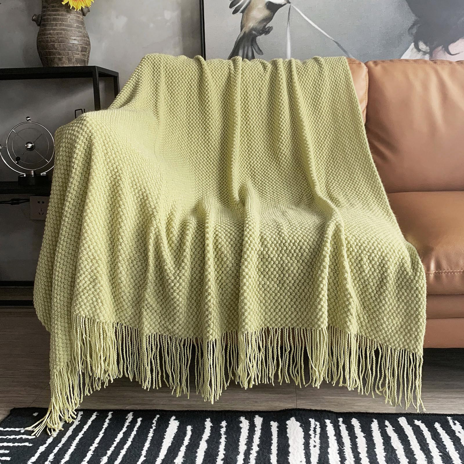 LOMAO Knitted Throw Blanket with Tassels Bubble Textured Lightweight Throws for Couch Cover Home Decor (Cream, 60x80)