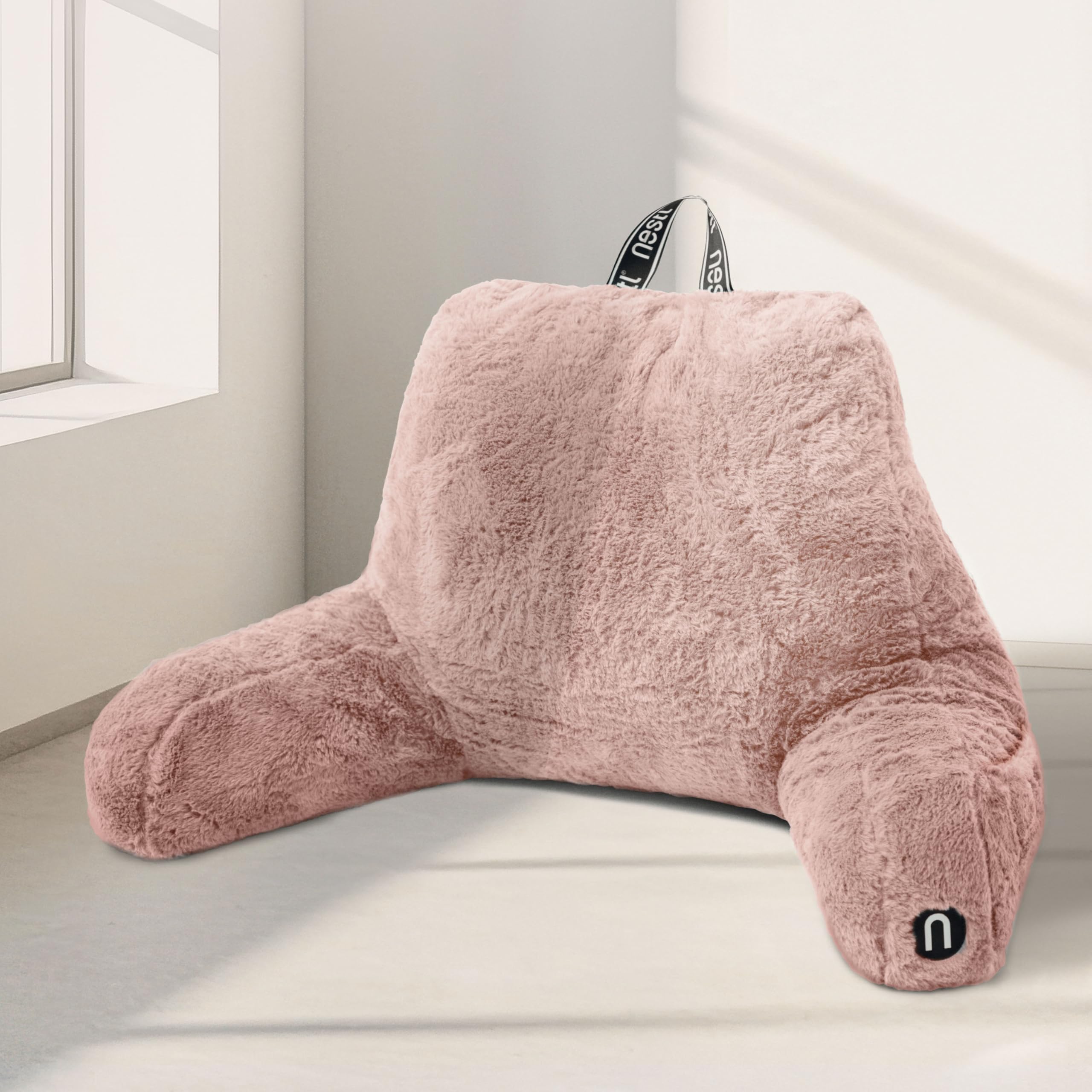 Nestl Fur Reading Pillow, Stylish Back Pillow for Bed Sitting Up, Faux Fur Bed Chair Pillow with Arms, Reading Pillows for Sitting in Bed Adult & Kids, Sit Up Back Support Pillow for Bed Rest - Linen