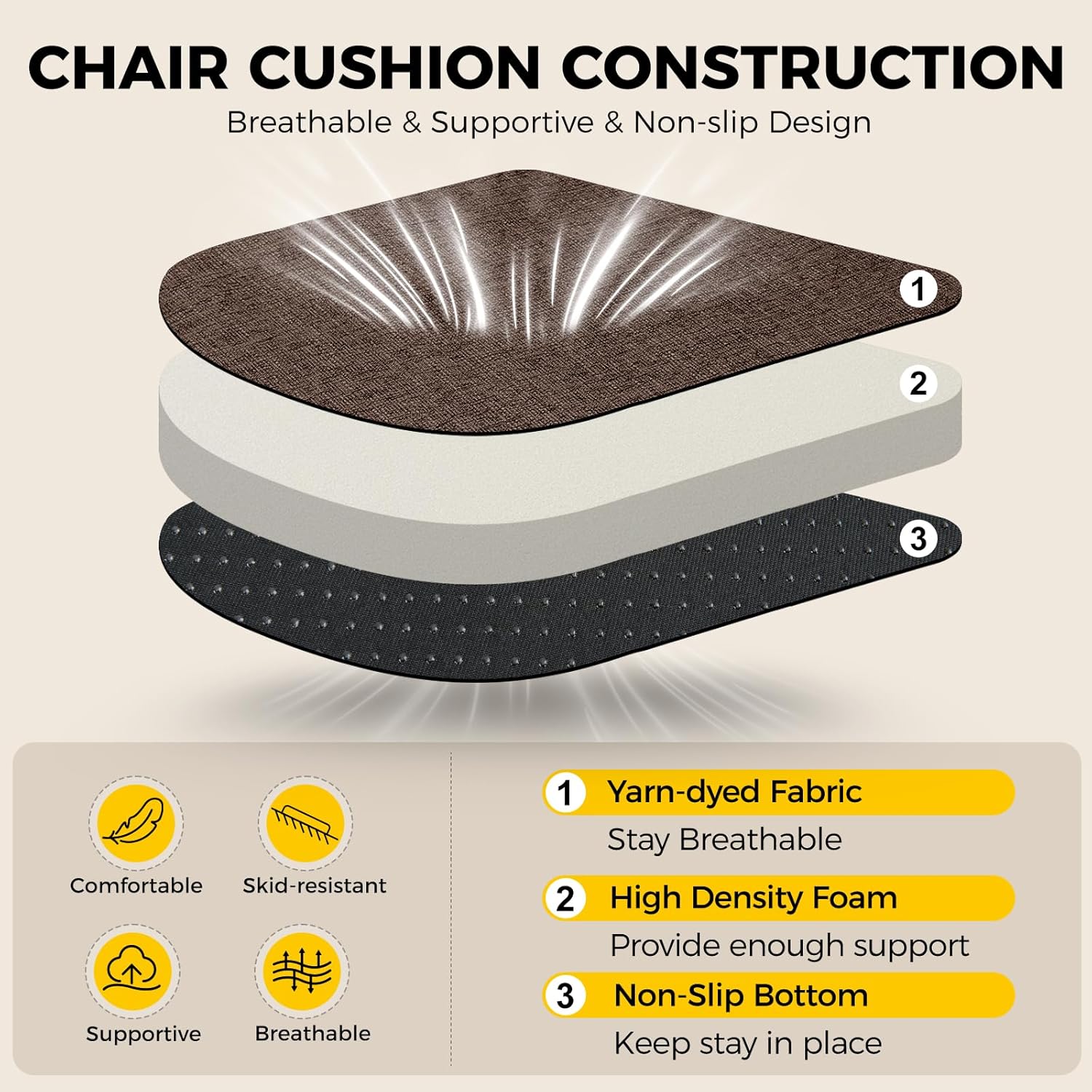 downluxe Indoor Chair Cushions for Dining Chairs, Soft and Comfortable Textured Foam Kitchen Chair Pads with Ties and Non-Slip Backing, 16" x 16" x 2", Brown, 4 Pack