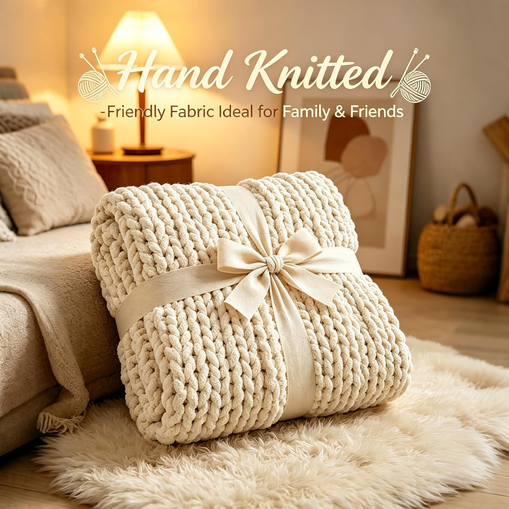 51"×63" Ivory Hand Knit Chenille Chunky Knit Throw Blanket for Sofa Decor