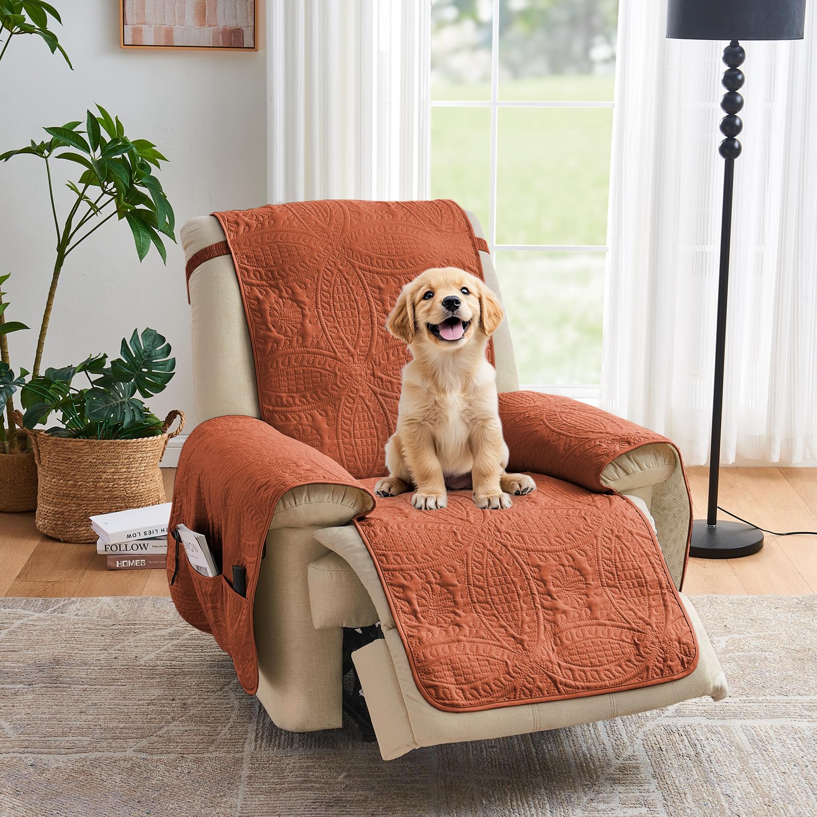 Quilted Sofa Slipcovers with Pockets, Anti-Slip Medallion Designed Couch Covers for 3 Cushion Sofa, Couch Cover for Dogs Cats Water-Repellent Machine Washable (Large Sofa 68", Ivory White)