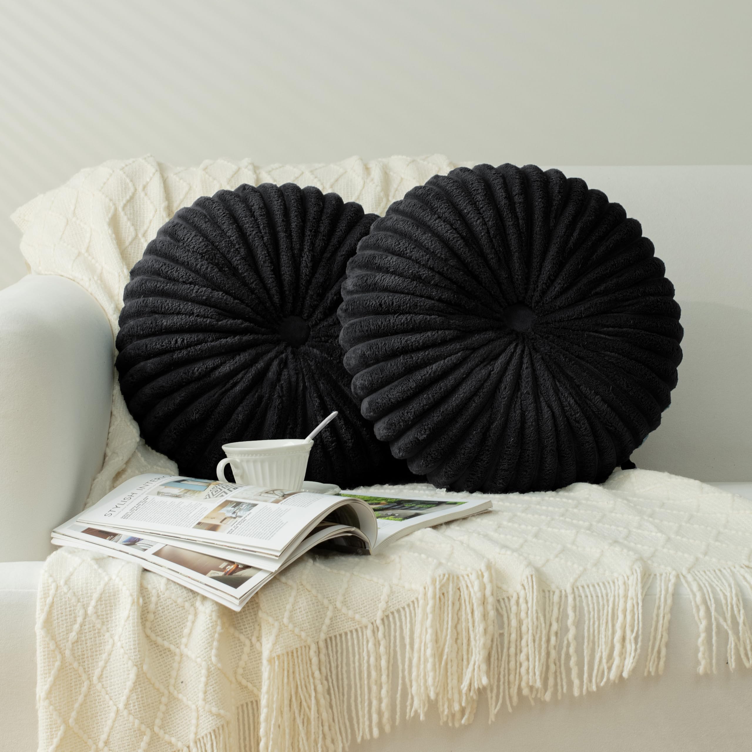 HIG Decorative Round Throw Pillows for Bed Couch -Set of 2 Handcraft Ruched Pumpkin Pillow, Soft and Durable Flannel Floor Pillow for Home Decor, Bed Living Room and Sofa (Dusty Rose,14.5"x14.5")