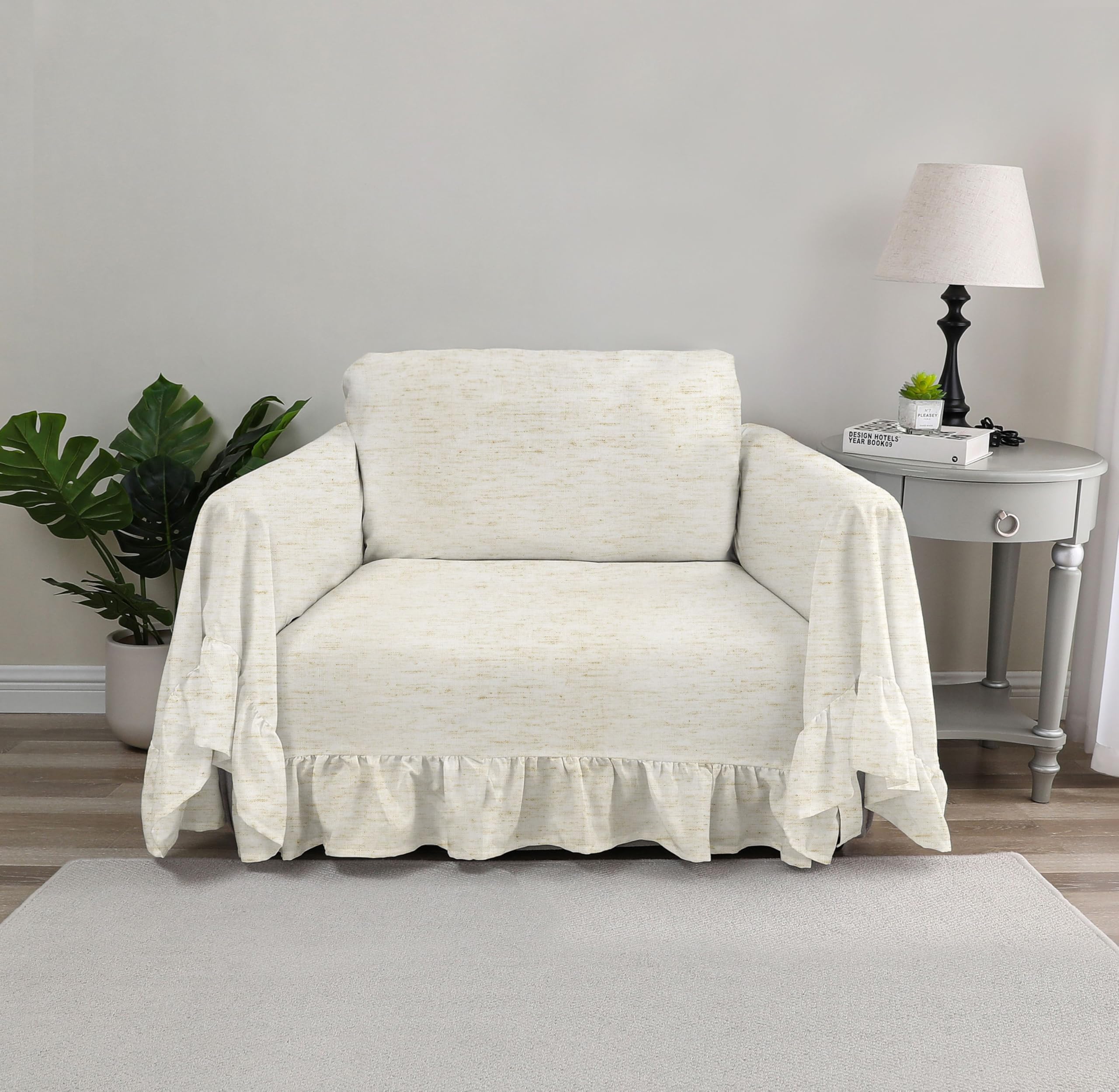 Rustic Linen Sofa Cover with Tie Strings, Full Couch Protector Durable Throw Slipcover Ruffled Edge (White, Large Sofa)