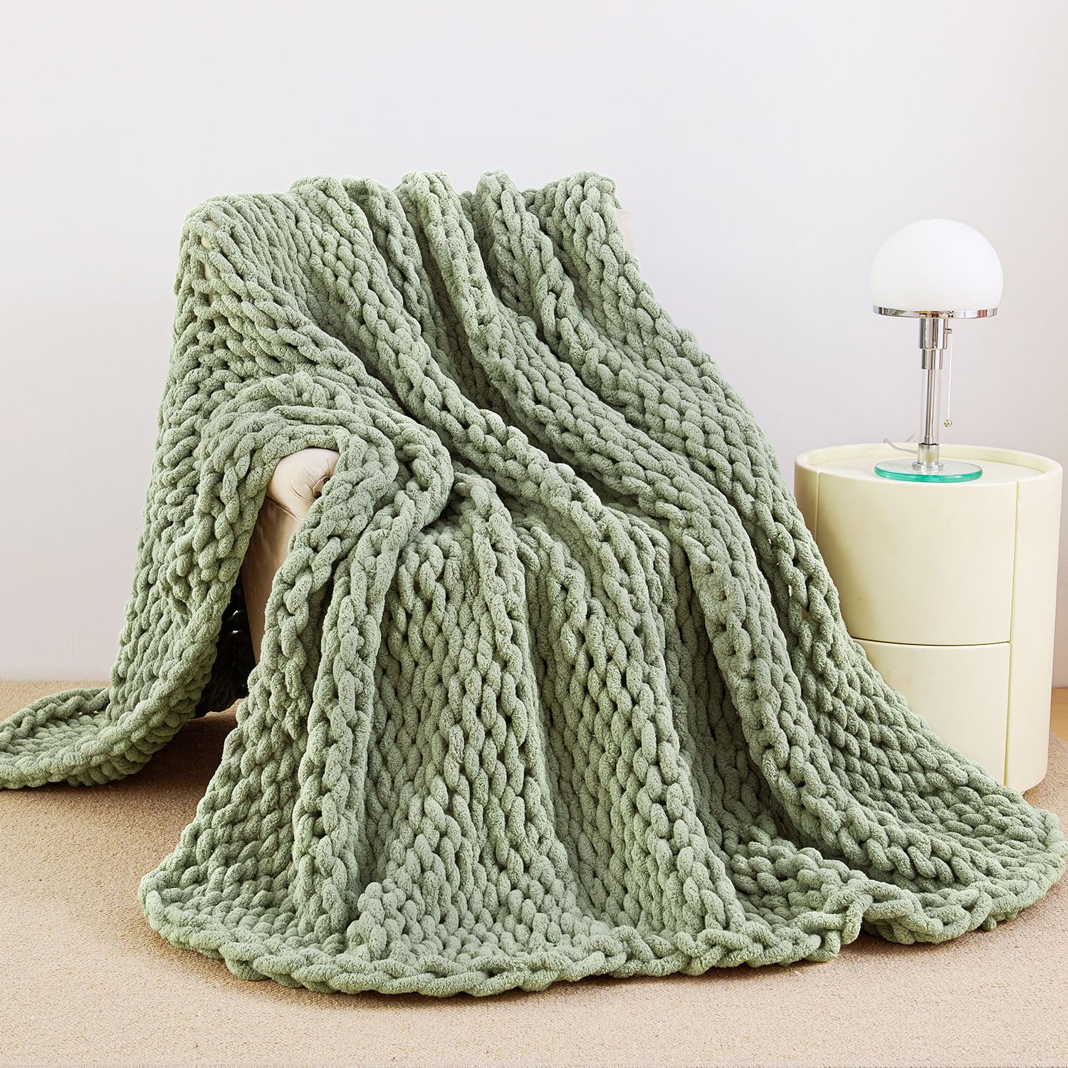 51"×63" Ivory Hand Knit Chenille Chunky Knit Throw Blanket for Sofa Decor