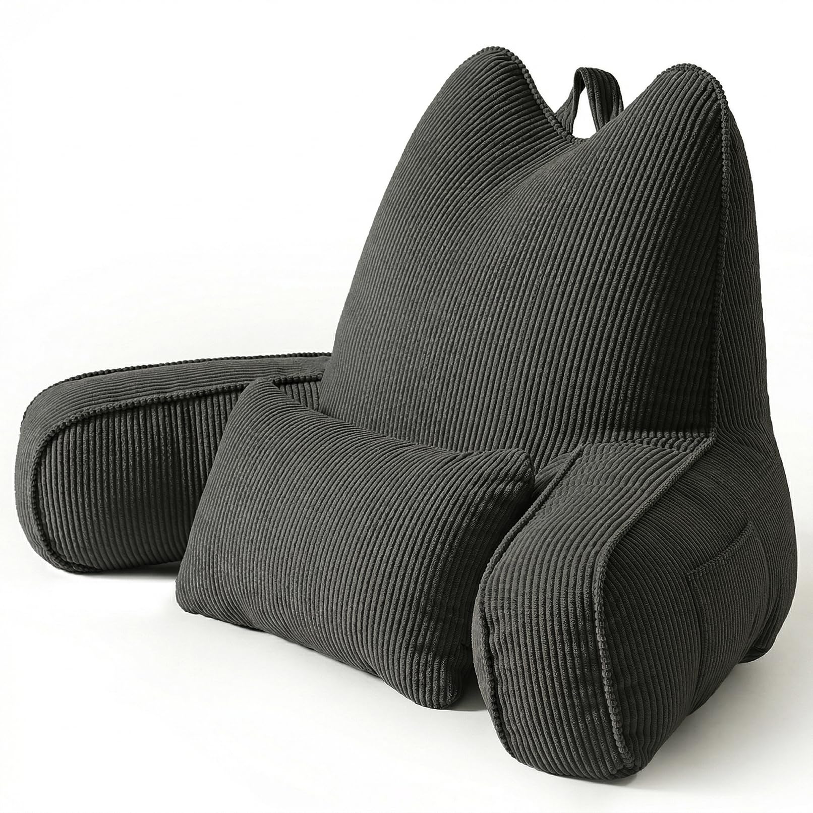Patented Design Reading Pillow with Arms for Sitting Up, 2-in-1 Bed Rest Pillow with Detachable Lumbar Support, Backrest Support Cushion for Couch with Side Pockets & Handle, Beige Gray