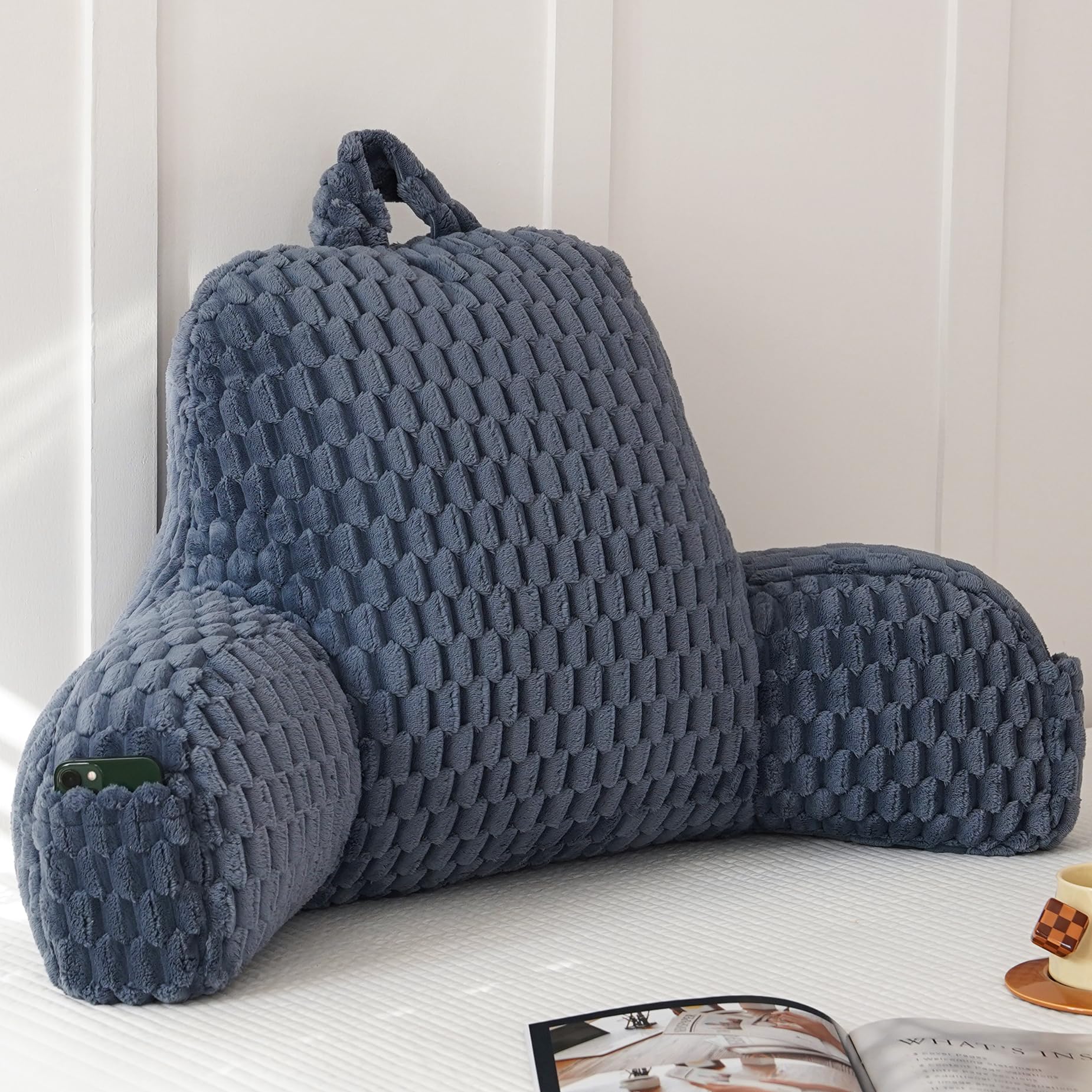 Fluffy Reading Pillow for Sitting in Bed, Large Backrest Bed Pillow with Arms, Back Support Pillow for Lounging Bedrest, Beige