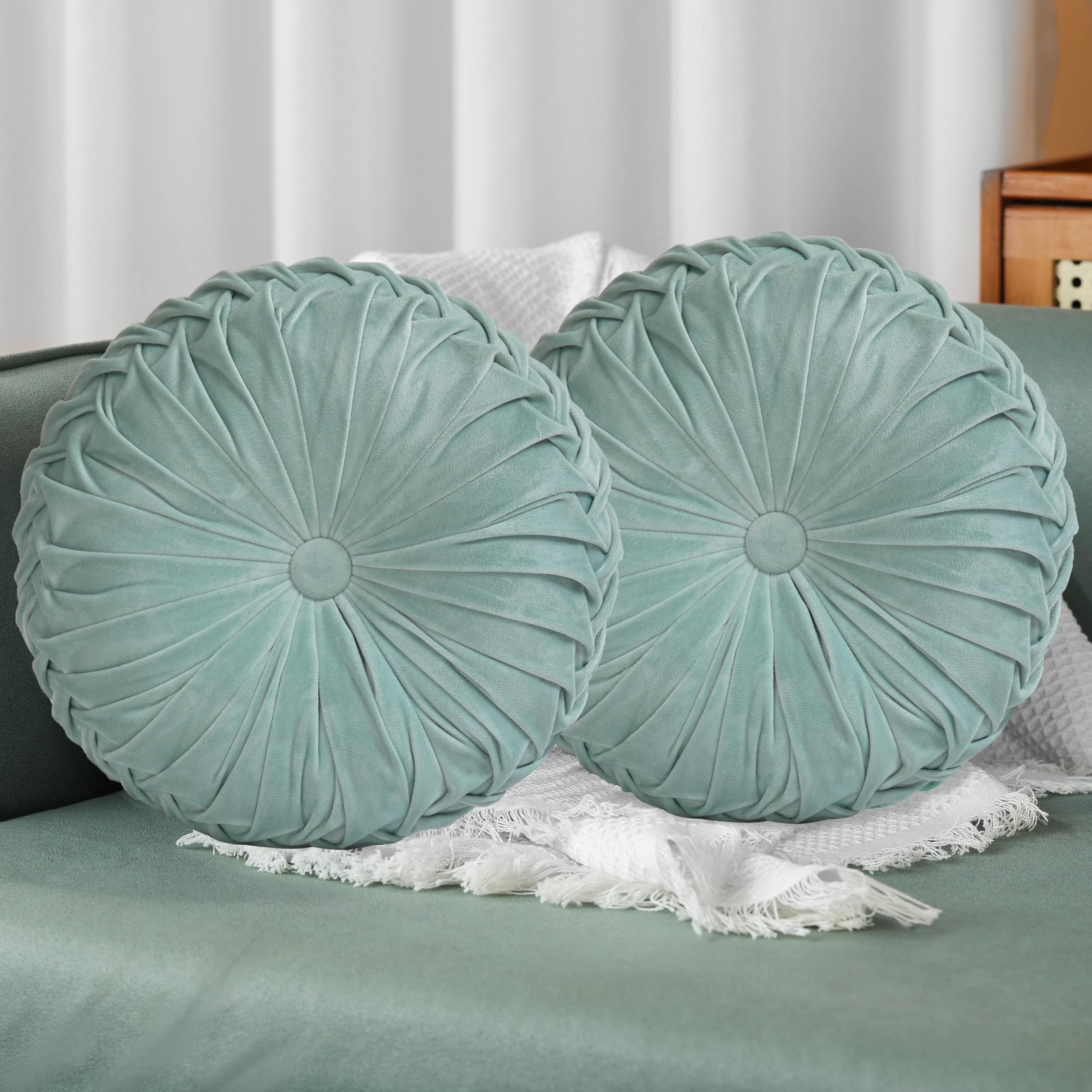HIG Decorative Round Throw Pillows for Bed Couch -Set of 2 Handcraft Ruched Pumpkin Pillow, Soft and Durable Flannel Floor Pillow for Home Decor, Bed Living Room and Sofa (Dusty Rose,14.5"x14.5")