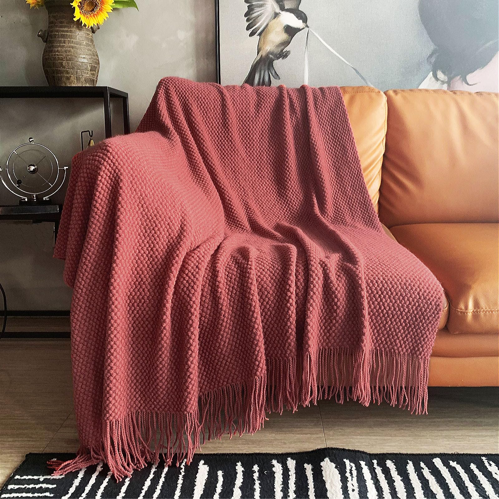 LOMAO Knitted Throw Blanket with Tassels Bubble Textured Lightweight Throws for Couch Cover Home Decor (Cream, 60x80)