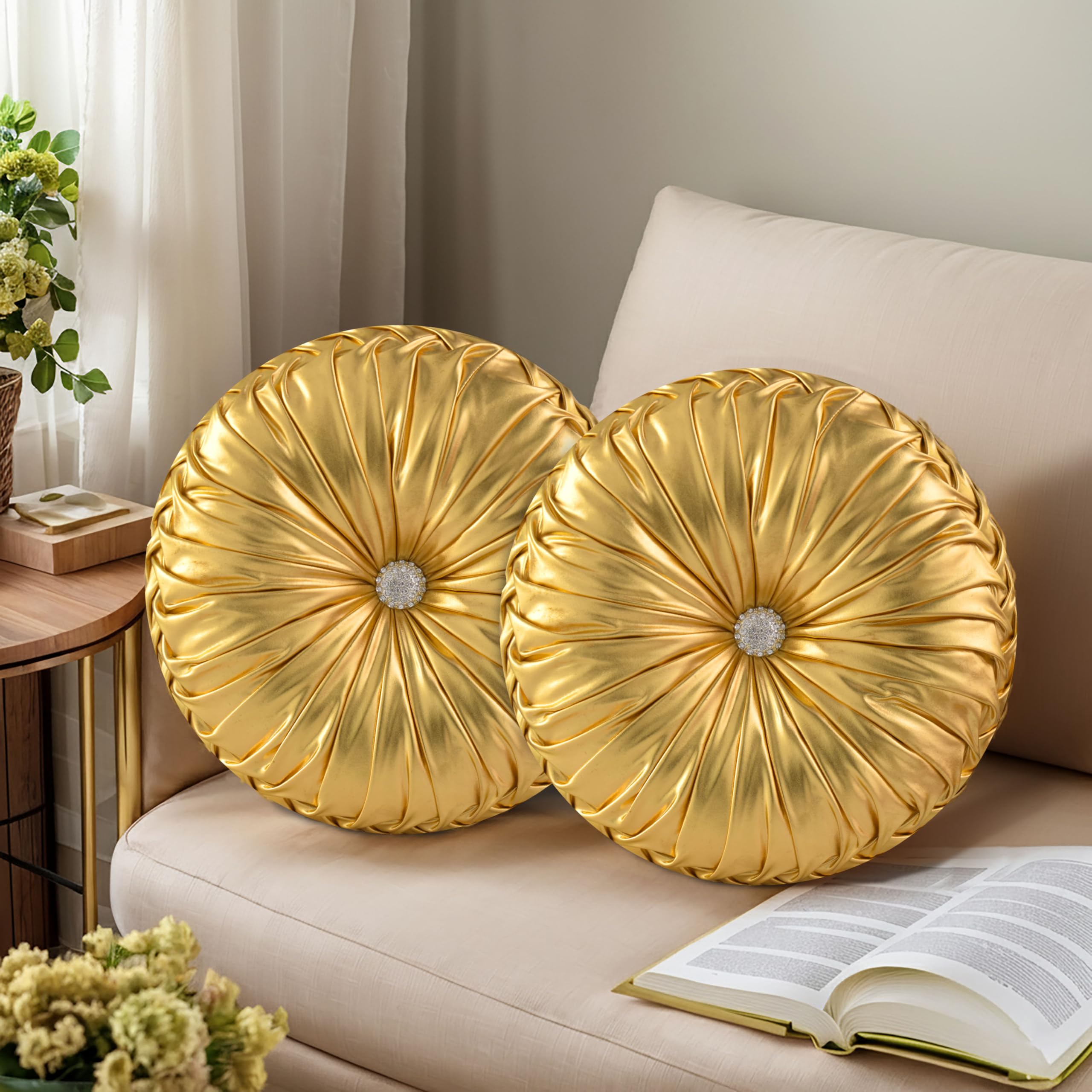 HIG Decorative Round Throw Pillows for Bed Couch -Set of 2 Handcraft Ruched Pumpkin Pillow, Soft and Durable Flannel Floor Pillow for Home Decor, Bed Living Room and Sofa (Dusty Rose,14.5"x14.5")
