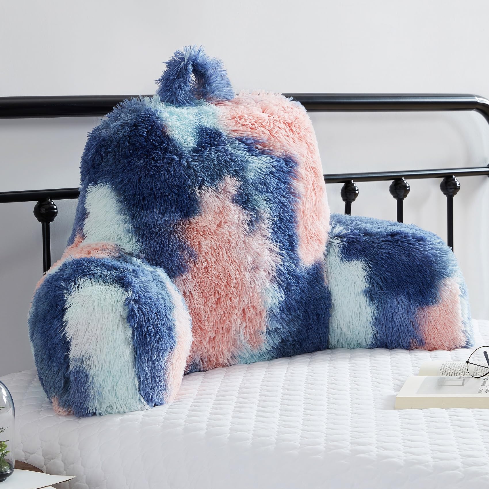 Faux Fur Reading Pillow for Bed/Couch/Floor/Dorm, Great Cozy Back Pillow for Bed Sitting Up, Fluffy Fur Bed Pillow for Sitting Up for Adults/Teens/Kids, Upgrade Back Support Pillow, Ivory