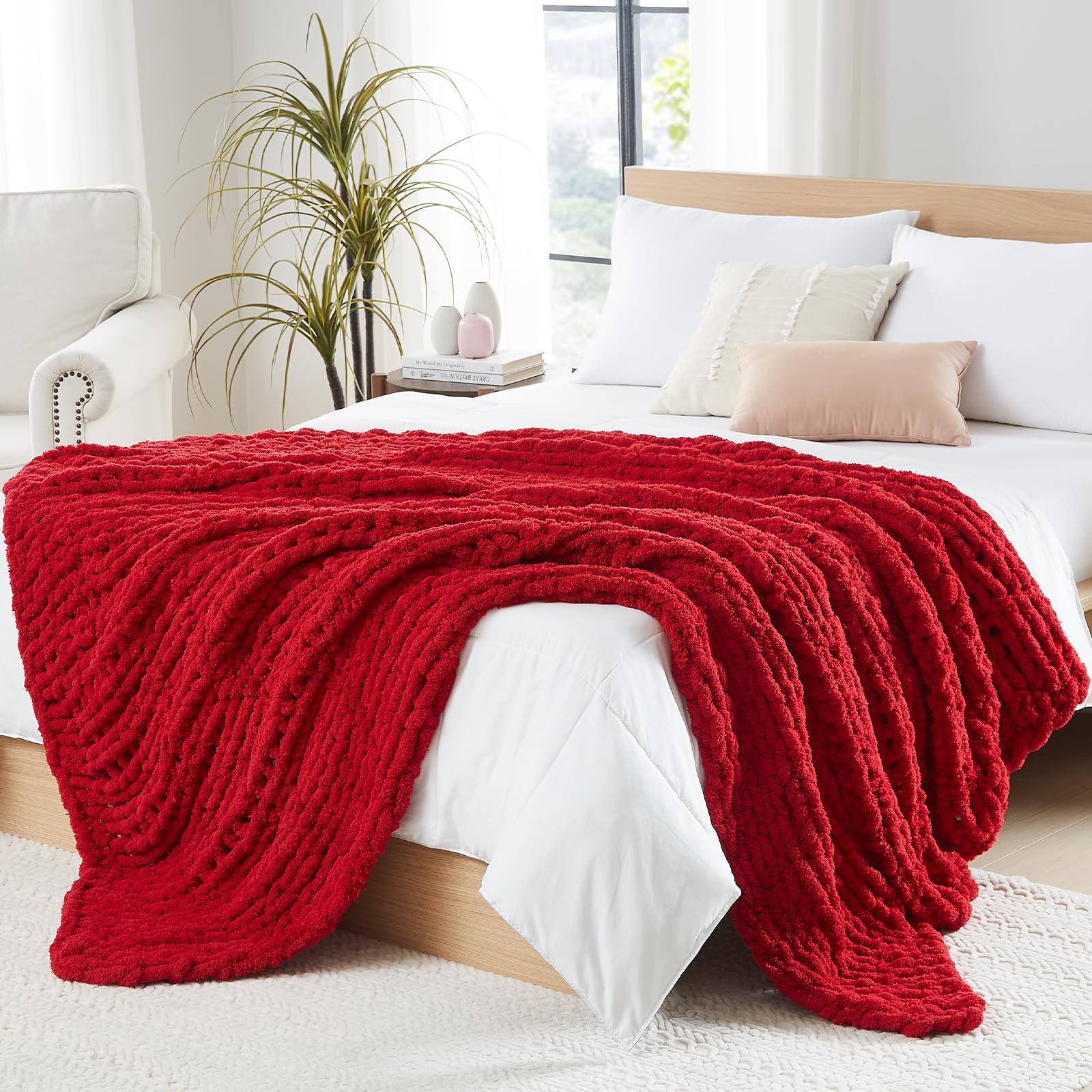 L'AGRATY Chunky Knit Blanket Throw,Soft Chenille Yarn Throw Blanket 50x60，Handmade Cable Knit Crochet Blanket,Large Knit Blankets Chunky Yarn,Rope Knot Throw Blanket for Couch Sofa Bed Home Decor