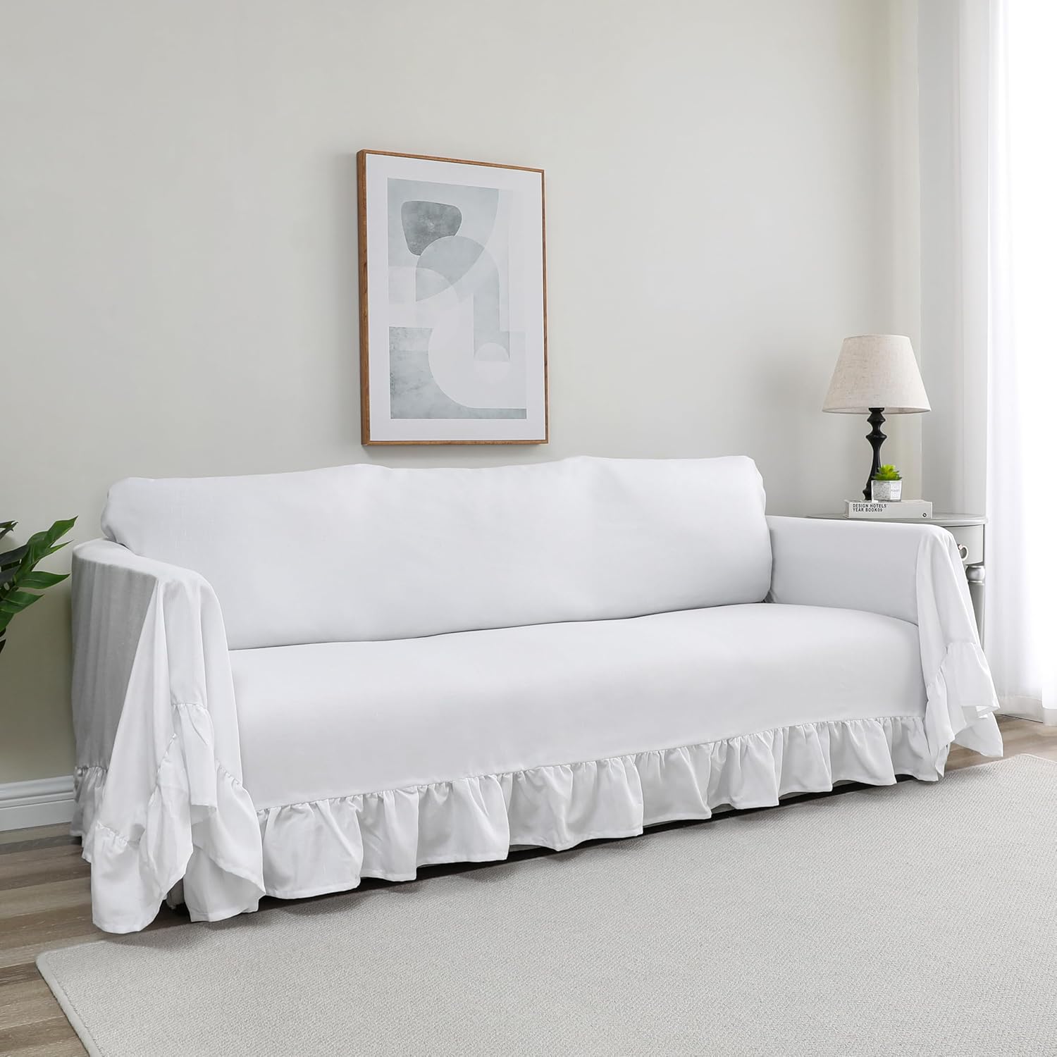 Rustic Linen Sofa Cover with Tie Strings, Full Couch Protector Durable Throw Slipcover Ruffled Edge (White, Large Sofa)