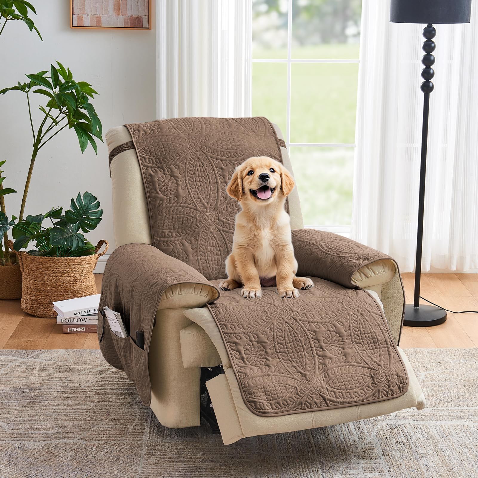 Quilted Sofa Slipcovers with Pockets, Anti-Slip Medallion Designed Couch Covers for 3 Cushion Sofa, Couch Cover for Dogs Cats Water-Repellent Machine Washable (Large Sofa 68", Ivory White)