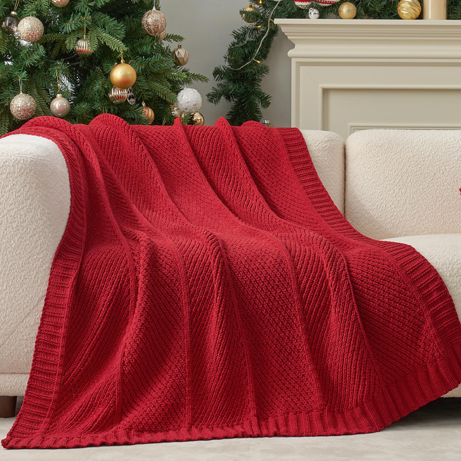 Amélie Home Knit Throw Blanket, Soft Chenille Cozy Breathable Dual Tone Checkered Chunky Decorative Blanket for Couch, Bed & Sofa, French-Inspired Lightweight Warm Gift for Women, Beige, 50"x60"