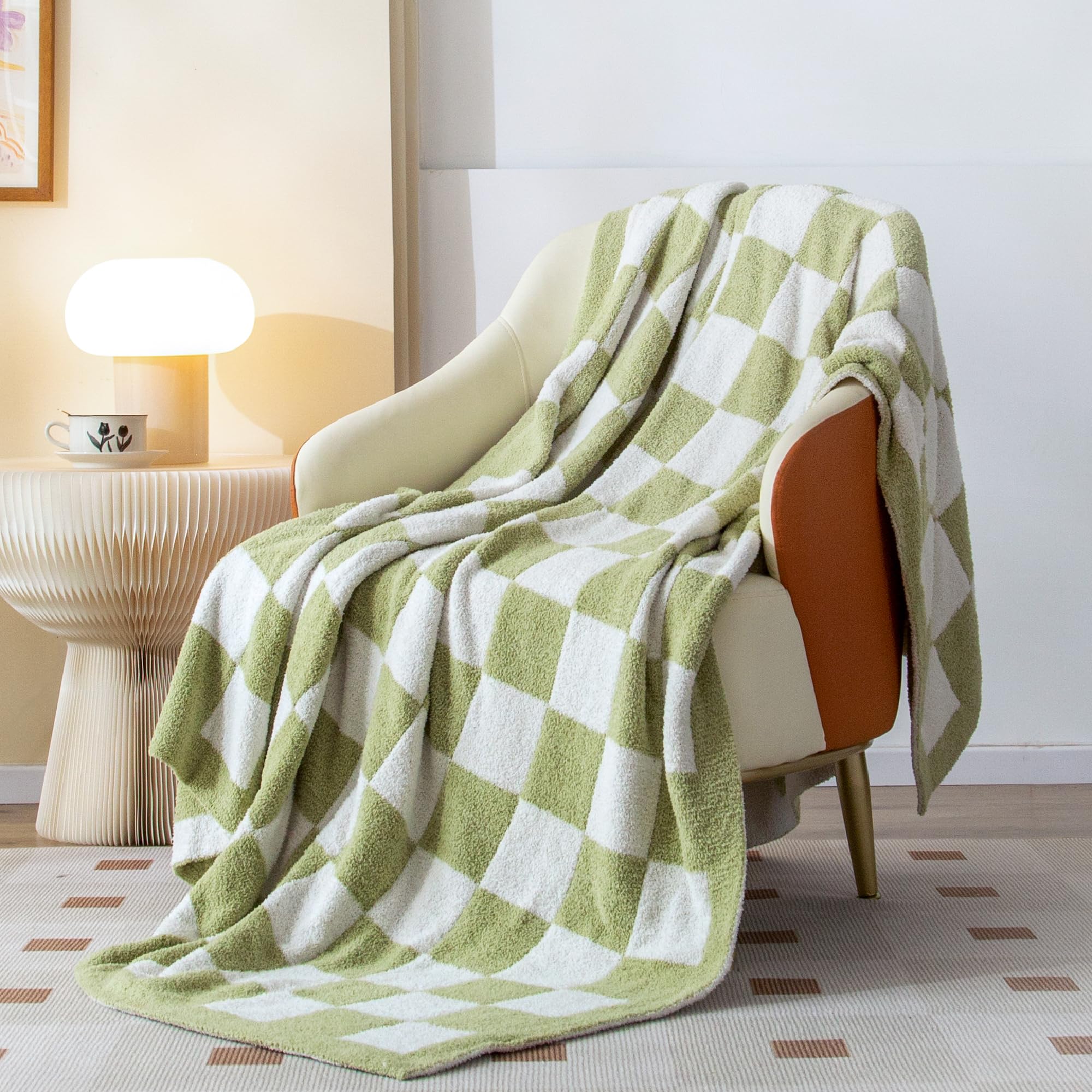SeaRoomy Checkered Throw Blanket, Ultra Soft Cozy Reversible Checkerboard Fuzzy Blanket, Fluffy Lightweight Microfiber Knit Throw Blanket for Couch Sofa Bed Decor Gift(Sage Green, 51"×63")