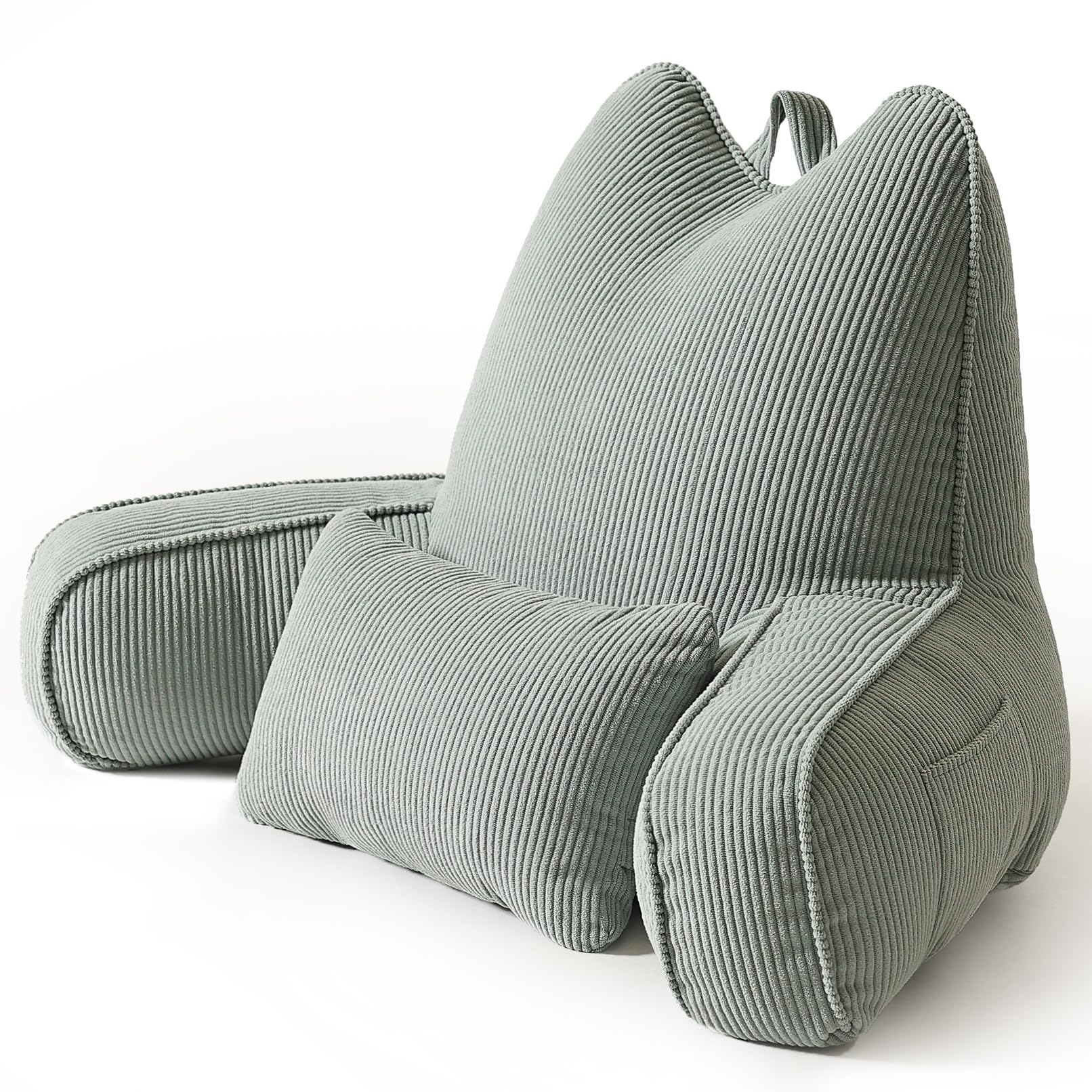 Patented Design Reading Pillow with Arms for Sitting Up, 2-in-1 Bed Rest Pillow with Detachable Lumbar Support, Backrest Support Cushion for Couch with Side Pockets & Handle, Beige Gray