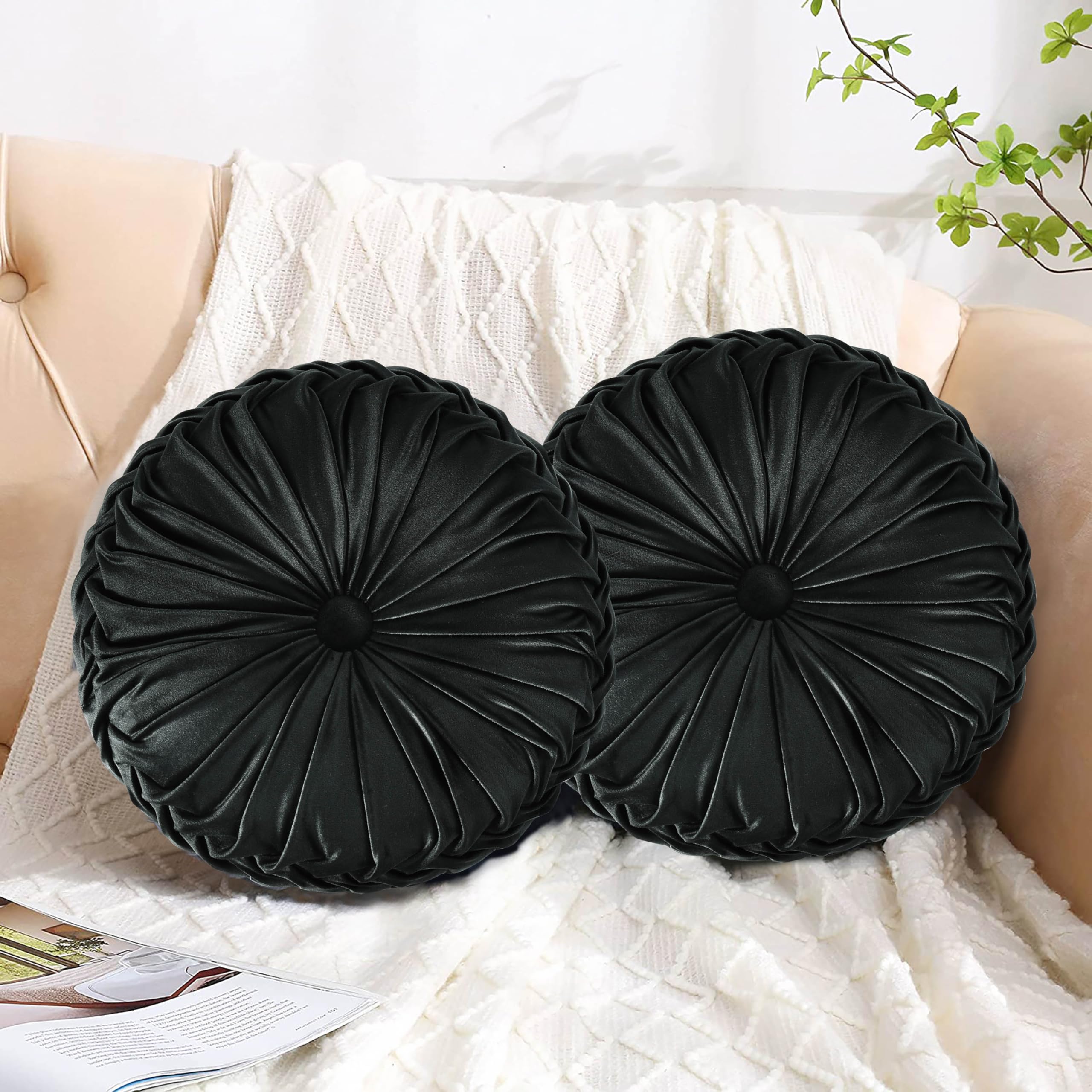 HIG Decorative Round Throw Pillows for Bed Couch -Set of 2 Handcraft Ruched Pumpkin Pillow, Soft and Durable Flannel Floor Pillow for Home Decor, Bed Living Room and Sofa (Dusty Rose,14.5"x14.5")