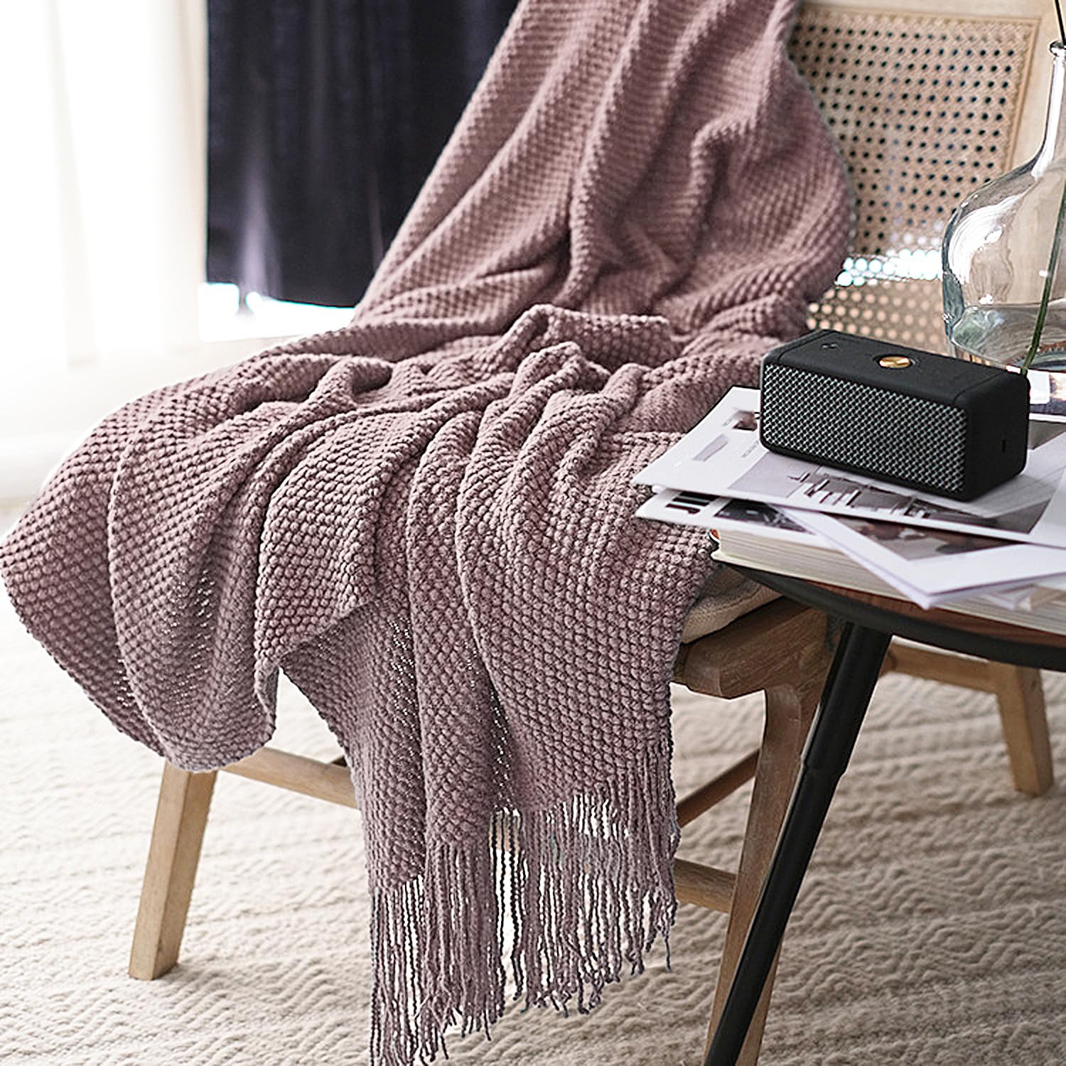 LOMAO Knitted Throw Blanket with Tassels Bubble Textured Lightweight Throws for Couch Cover Home Decor (Cream, 60x80)