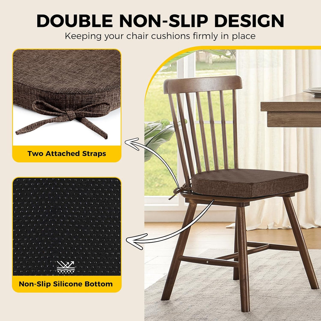 downluxe Indoor Chair Cushions for Dining Chairs, Soft and Comfortable Textured Foam Kitchen Chair Pads with Ties and Non-Slip Backing, 16" x 16" x 2", Brown, 4 Pack