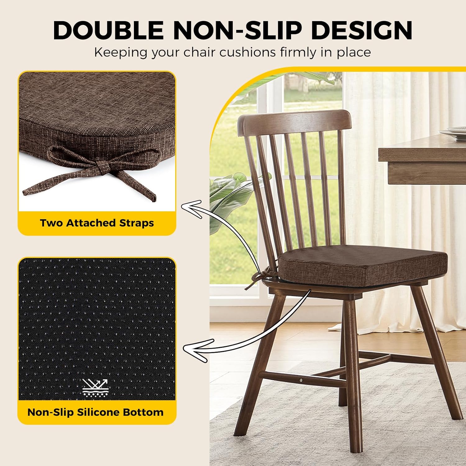 downluxe Indoor Chair Cushions for Dining Chairs, Soft and Comfortable Textured Foam Kitchen Chair Pads with Ties and Non-Slip Backing, 16" x 16" x 2", Brown, 4 Pack