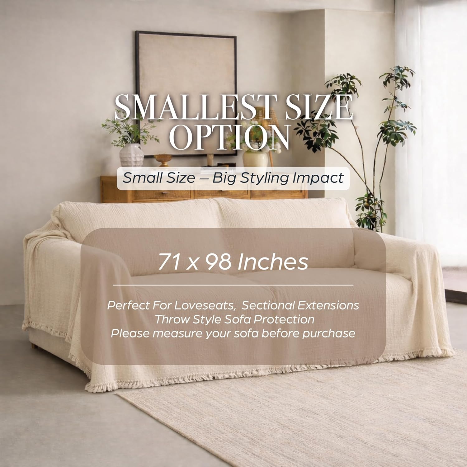Washable Sofa Cover%100 Pure Cotton, Cream Couch Covers for Loveseat, Futon, Sofa, Sectional L Shape, U Shape, 4 Layered Natural Muslin Cloud Like Boho Couch Cover (Cream, 70x98/177x250cm)