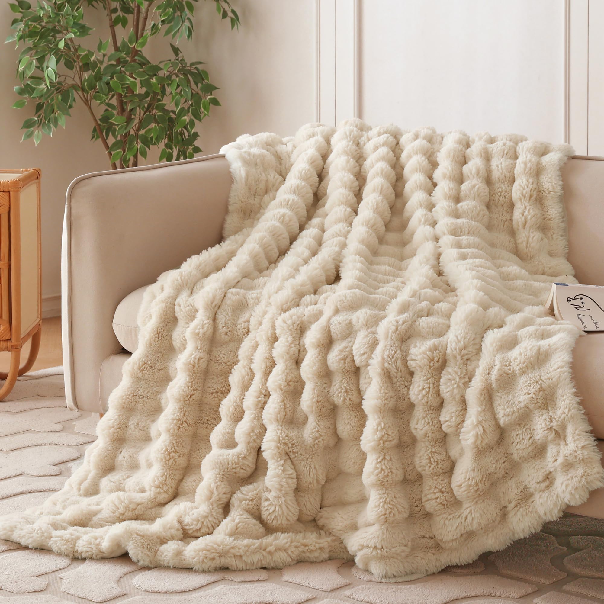 COOVA Faux Fur Throw Blanket for Couch, Cozy Soft and Fuzzy Plush Rabbit Fur Bubble Blanket for Sofa Bedroom Living Room, 50x60 Inches Tie Dye Brown
