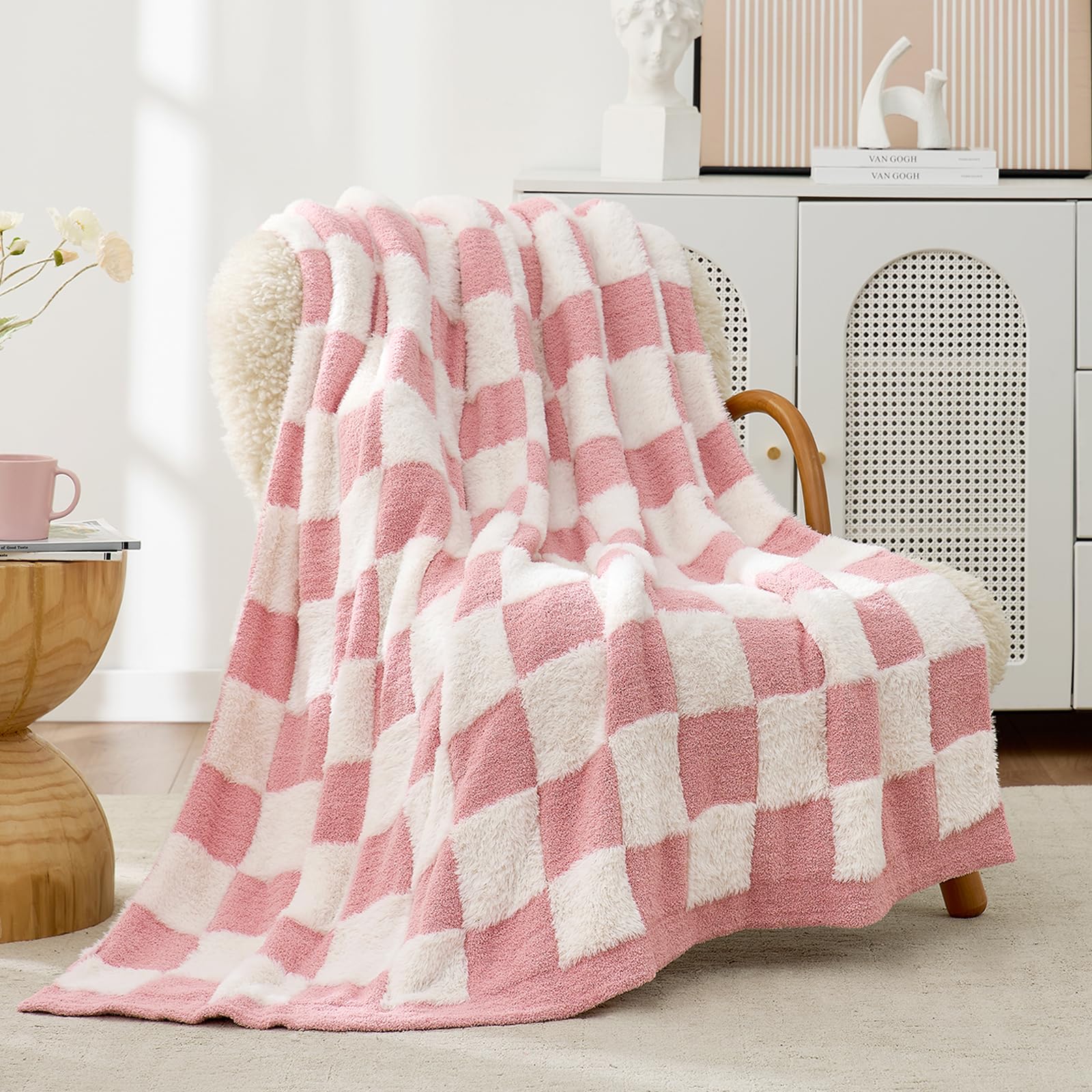 Snuggle Sac Sage Green Checkered Throw Blanket Faux Fur Knitted with Microfiber Yarn, Cozy Soft Warm Spring Blankets for Couch,Sofa,Bedroom,Sage Green Checker,50x60 inches