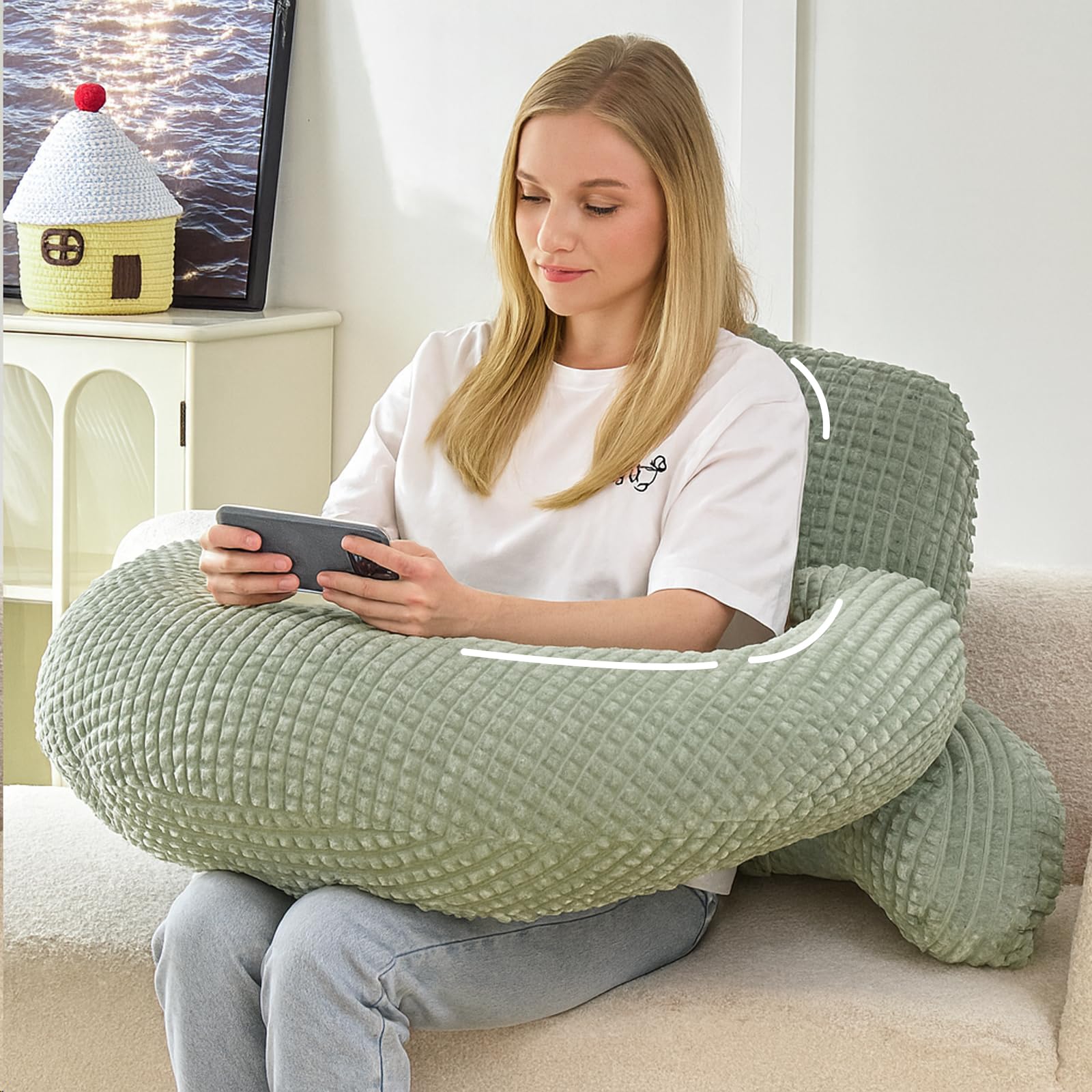 Bed Reading Pillow 17",Cozy Flannel U Shaped Back Support Cushion for Sitting up in Bed,Small Laptop Desk Lap Pillow for College Dorm,Apartment,Medium - White