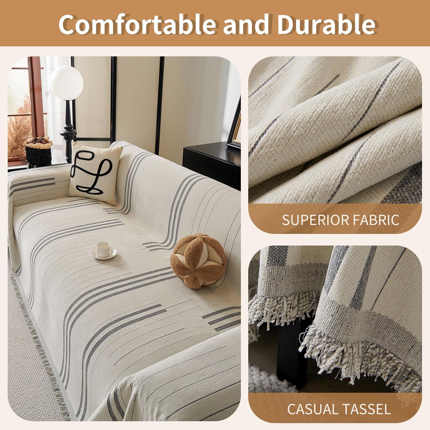 Boho Couch Covers for Sofa Washable Sofa Covers for 3 Cushion Couch Soft Non Slip Couch Covers for Sectional Sofa Dog Pet Furniture Protector (Light Gray, 91"*134")