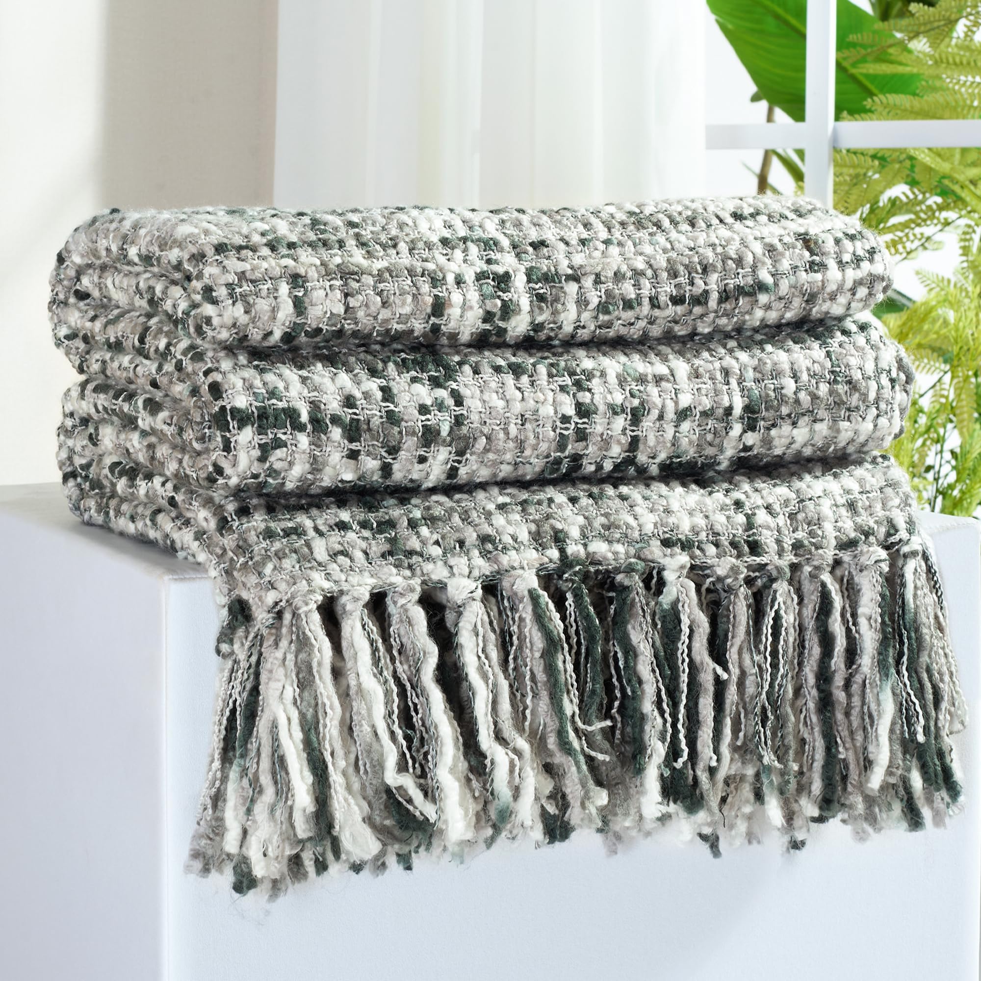 Multi-Color Gold Green Cable Woven Throw Blanket for Couch,50"X60" Boho Style Textured Blankets for Home Decor,Super Soft Warm Cozy Chunky Blanket with Decorative Tassels for Bed