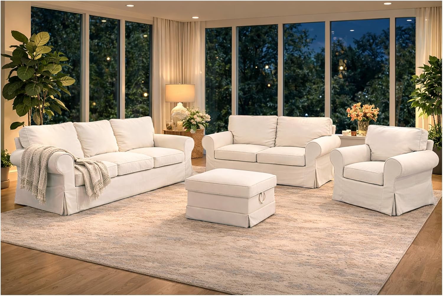 Heavy Duty Polyester Sofa Cover Only Replacement Compatible with IKEA Ektorp 3 Seat Sofa, Loveseat, Armchair, Sectional Corner, Chaise or Footstool Ektorp Slipcover (Beige Flax Polyester 3)