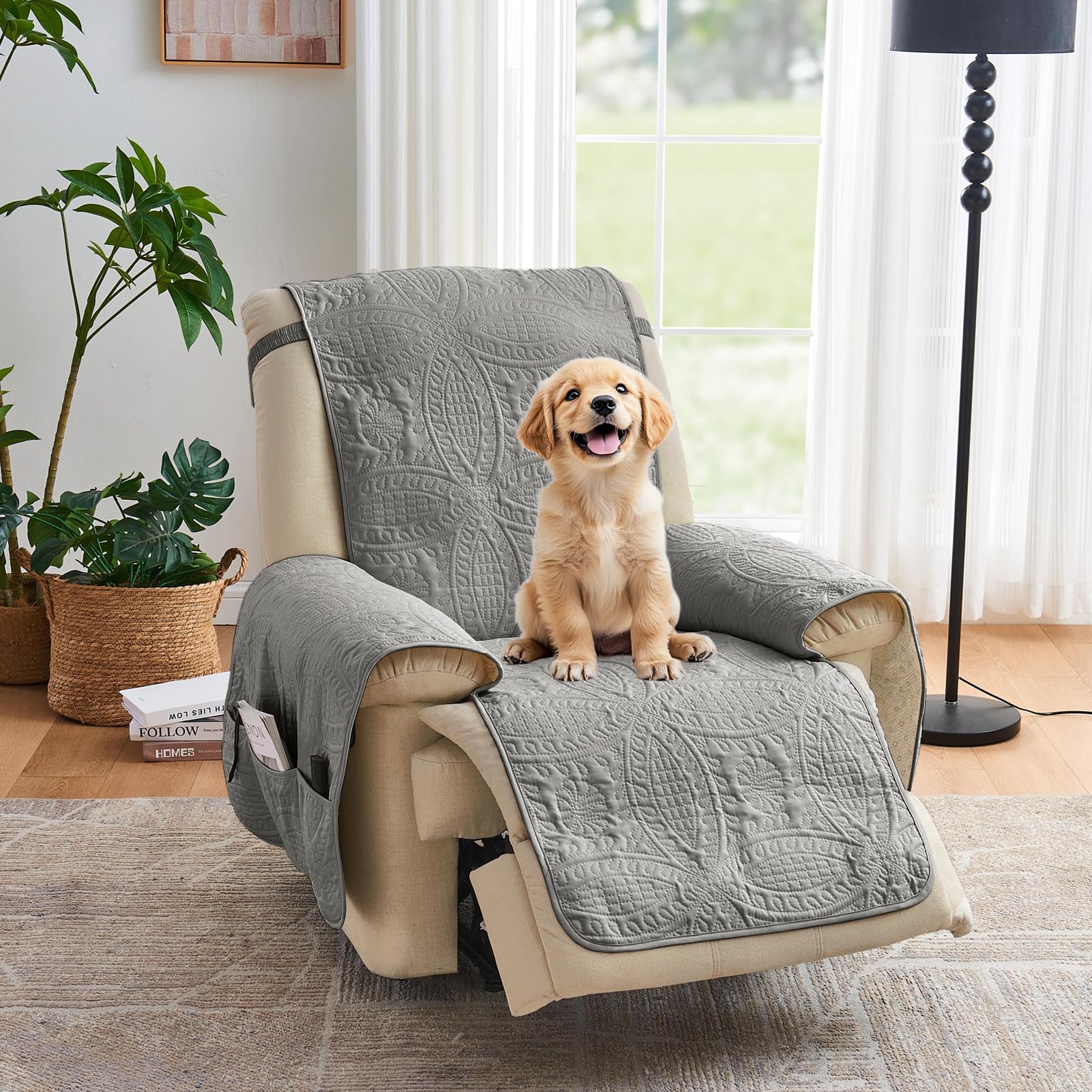 Quilted Sofa Slipcovers with Pockets, Anti-Slip Medallion Designed Couch Covers for 3 Cushion Sofa, Couch Cover for Dogs Cats Water-Repellent Machine Washable (Large Sofa 68", Ivory White)