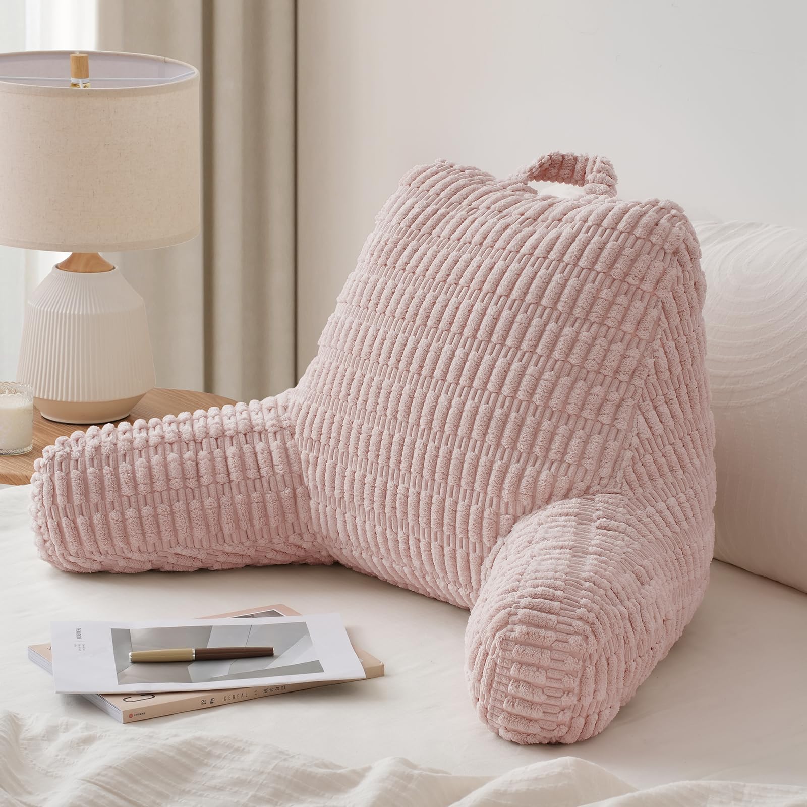 Blissful Diary Reading Pillow for Sitting in Bed, Large Flannel Back Pillow Bed Sitting Up for Adult & Children, Backrest Cushion for Sit Up in Couch or Floor, Dorm Essentials, Cream White