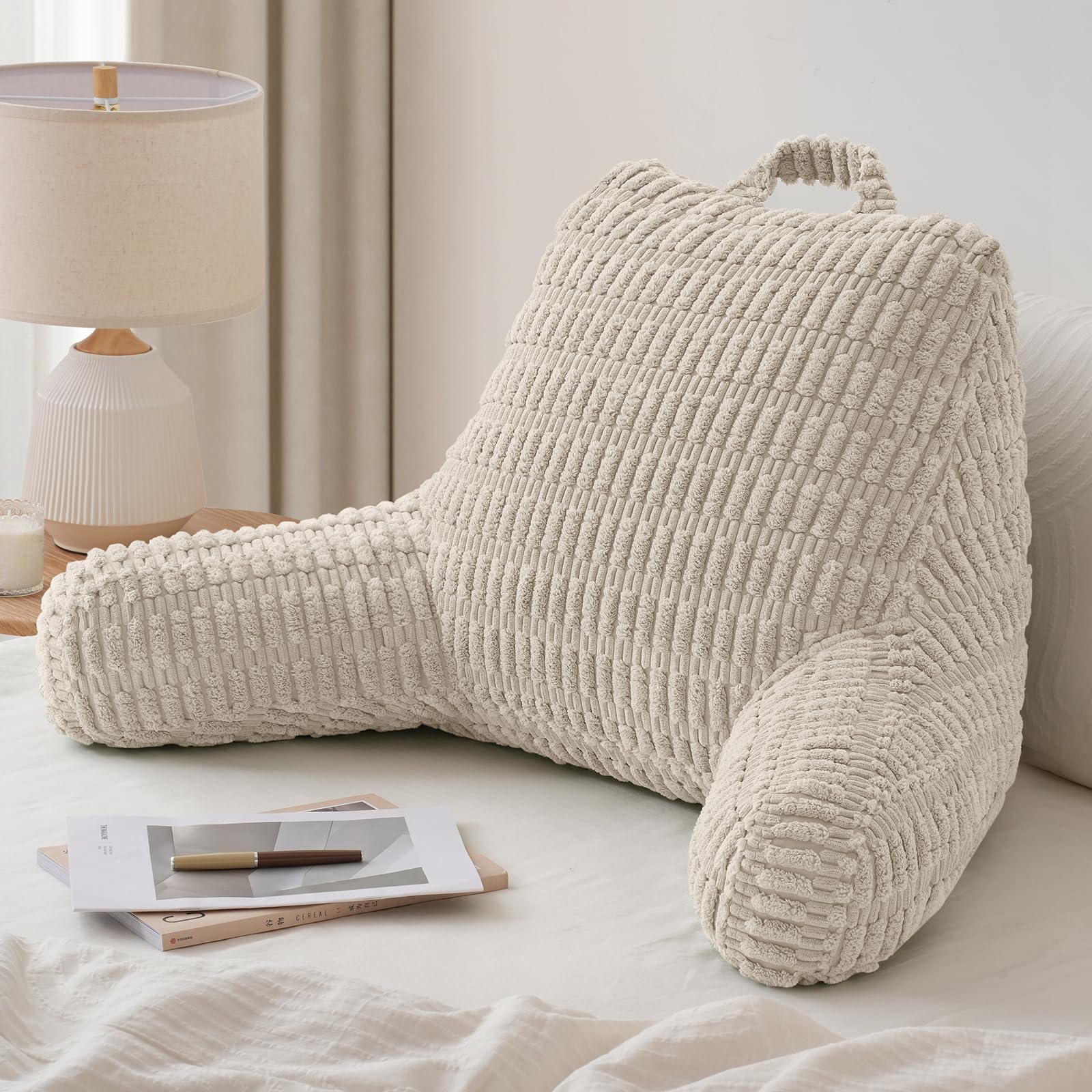 Blissful Diary Reading Pillow for Sitting in Bed, Large Flannel Back Pillow Bed Sitting Up for Adult & Children, Backrest Cushion for Sit Up in Couch or Floor, Dorm Essentials, Cream White