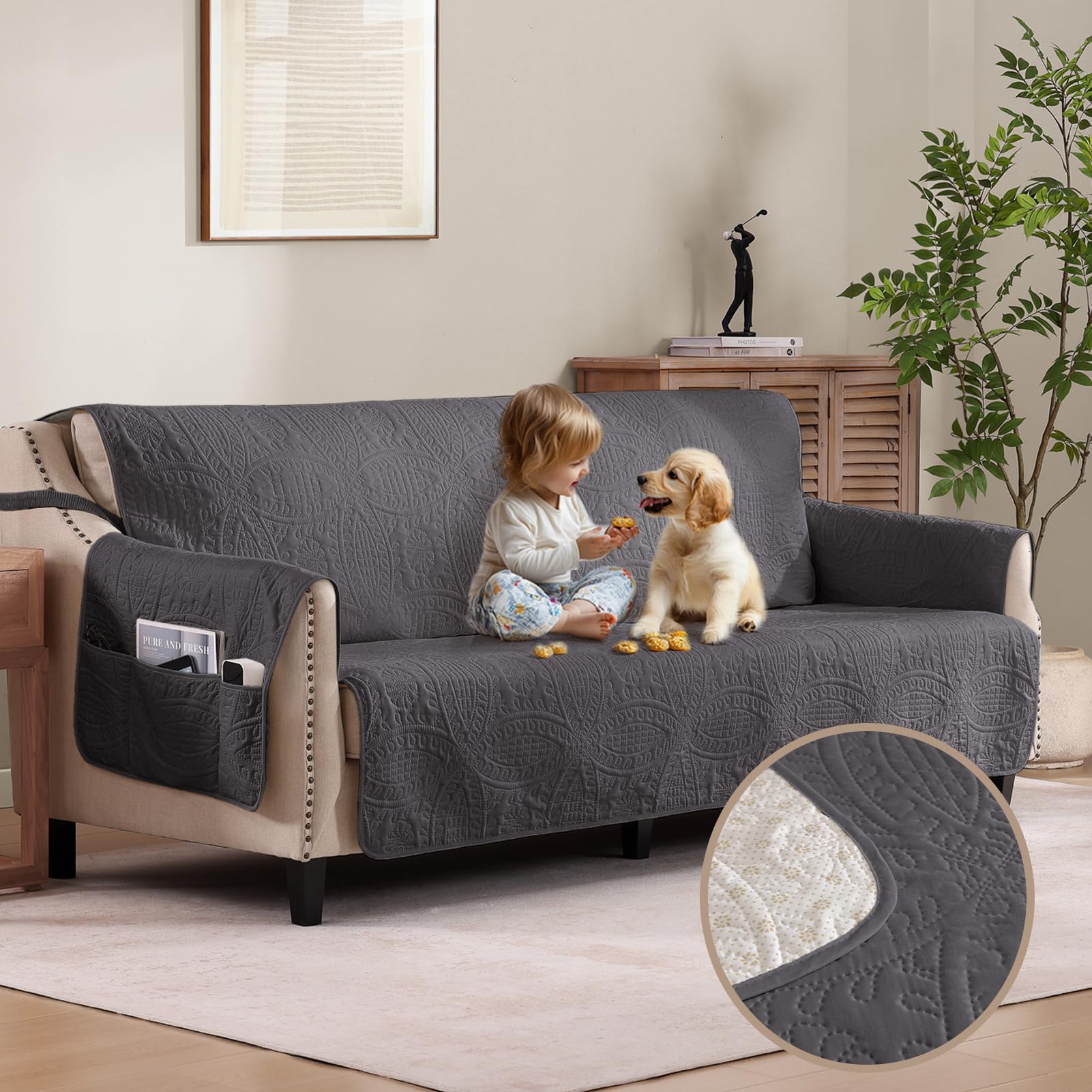 Quilted Sofa Slipcovers with Pockets, Anti-Slip Medallion Designed Couch Covers for 3 Cushion Sofa, Couch Cover for Dogs Cats Water-Repellent Machine Washable (Large Sofa 68", Ivory White)