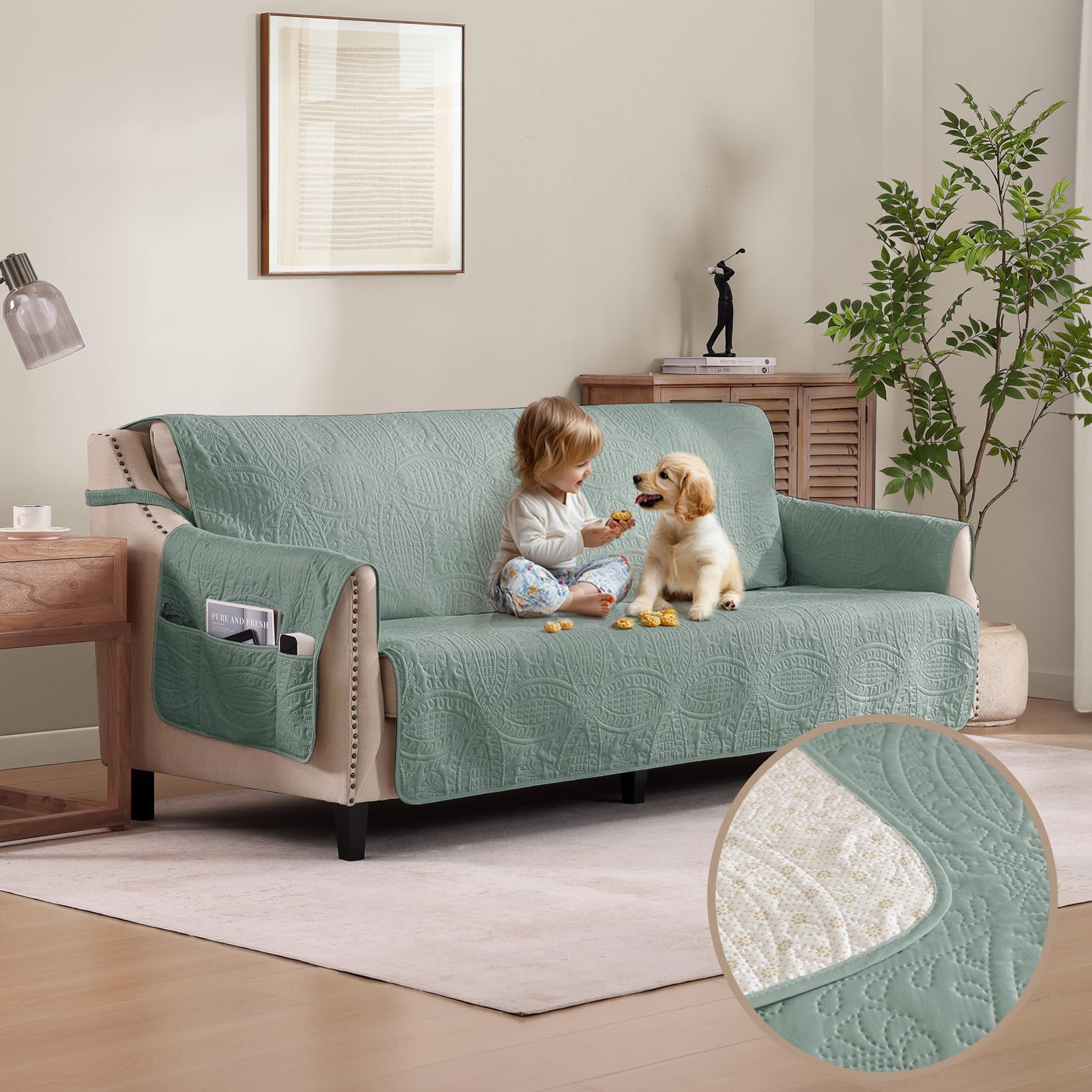 Quilted Sofa Slipcovers with Pockets, Anti-Slip Medallion Designed Couch Covers for 3 Cushion Sofa, Couch Cover for Dogs Cats Water-Repellent Machine Washable (Large Sofa 68", Ivory White)