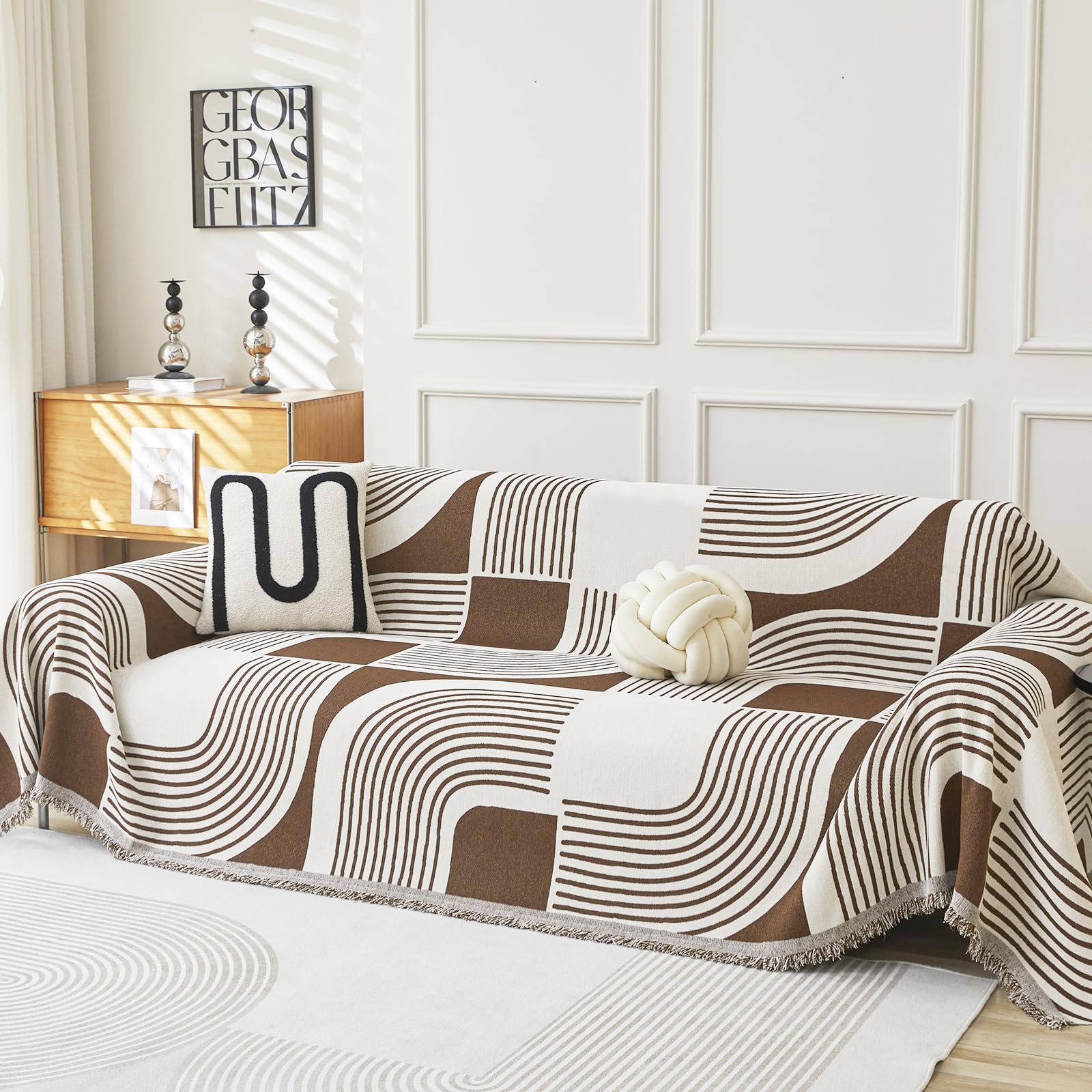 WEYOND Boho Couch Cover Sofa Covers Washable, Chenille Couch Covers for 3 Cushion Couch Sofa Pet Friendly, Bohemian Sofa Slipcovers for Sectional Sofa, Loveseat, 2 3 4 Seater (71" x 102", Khaki)