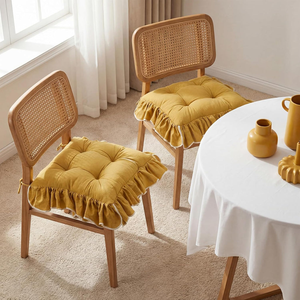 Wenqik 4-Pack Ruffled Chair Cushions with Ties, 16"x16" Turmeric Cotton Fabric Non-Slip Seat Pads for Dining Chairs, Farmhouse Kitchen, Office, and Wooden Chairs