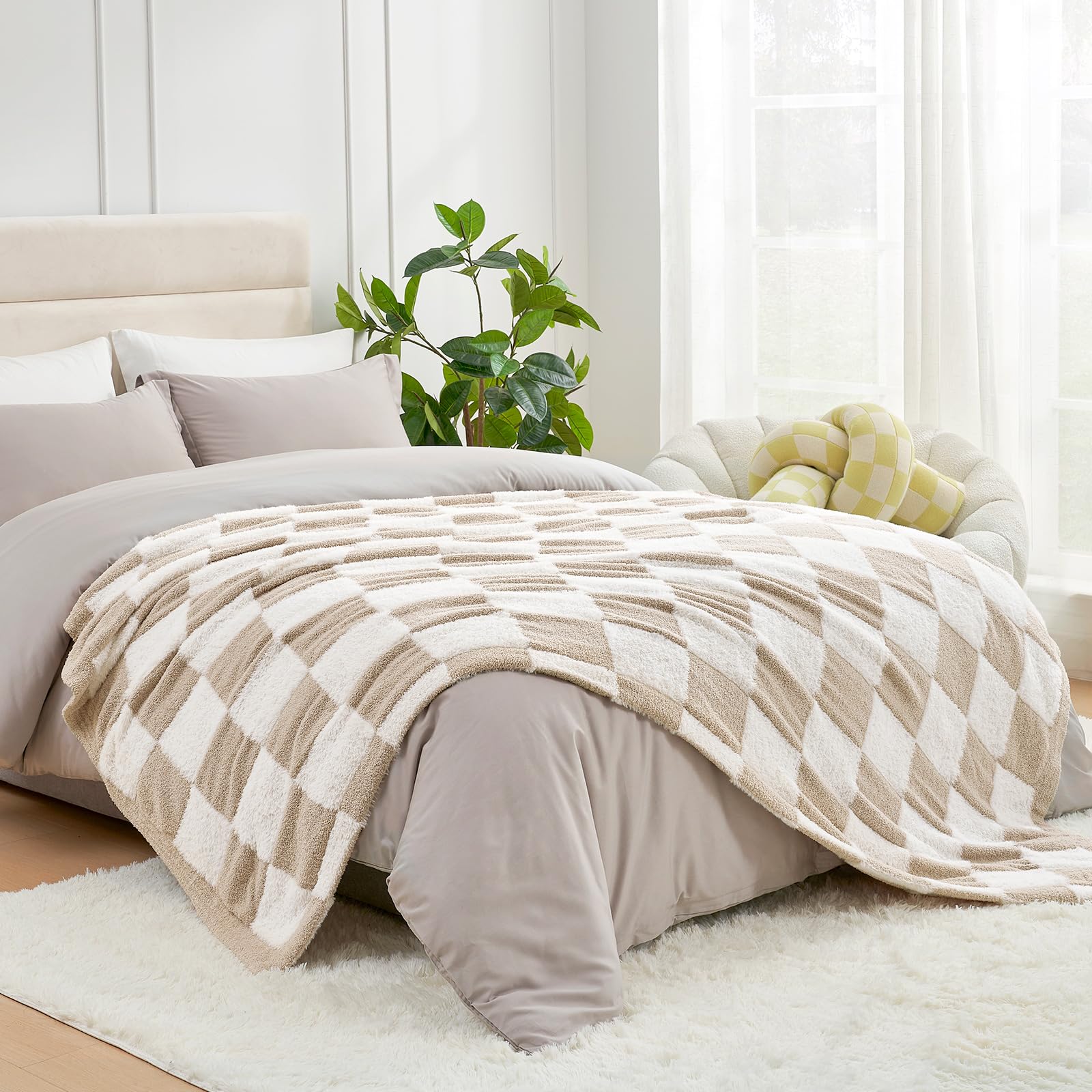 Snuggle Sac Sage Green Checkered Throw Blanket Faux Fur Knitted with Microfiber Yarn, Cozy Soft Warm Spring Blankets for Couch,Sofa,Bedroom,Sage Green Checker,50x60 inches