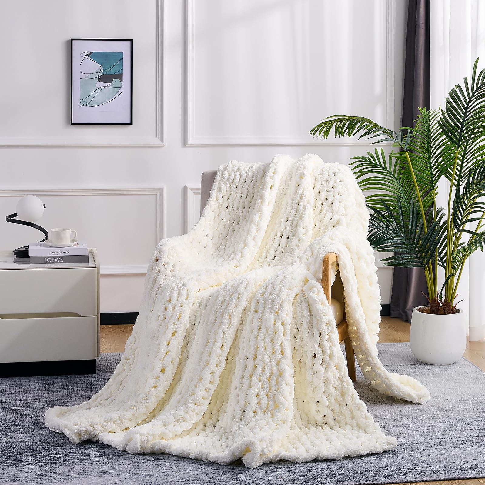 L'AGRATY Chunky Knit Blanket Throw,Soft Chenille Yarn Throw Blanket 50x60，Handmade Cable Knit Crochet Blanket,Large Knit Blankets Chunky Yarn,Rope Knot Throw Blanket for Couch Sofa Bed Home Decor