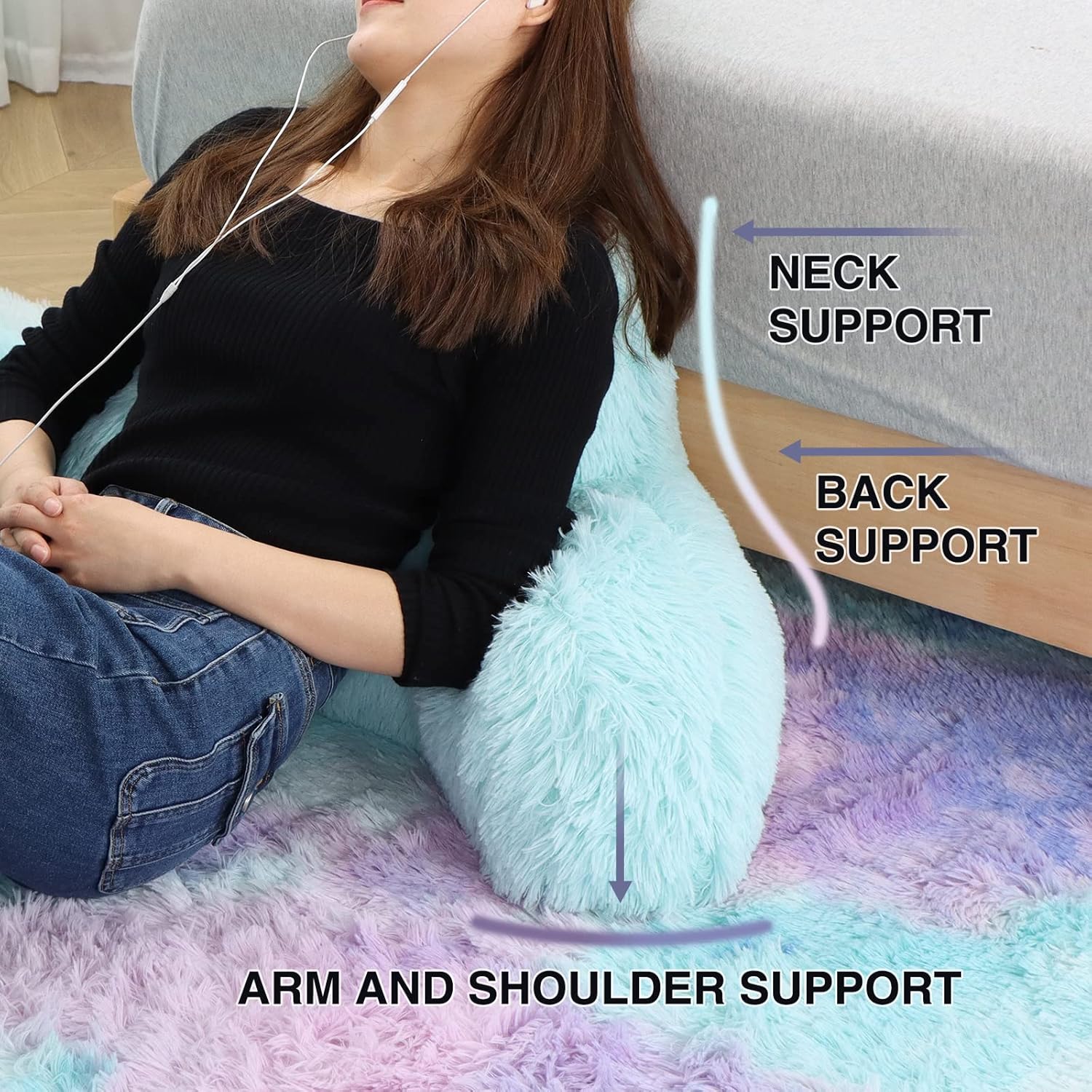 Ivory Faux Fur Wedge Reading Pillow with Arms, Large Back Support for Bed & Couch