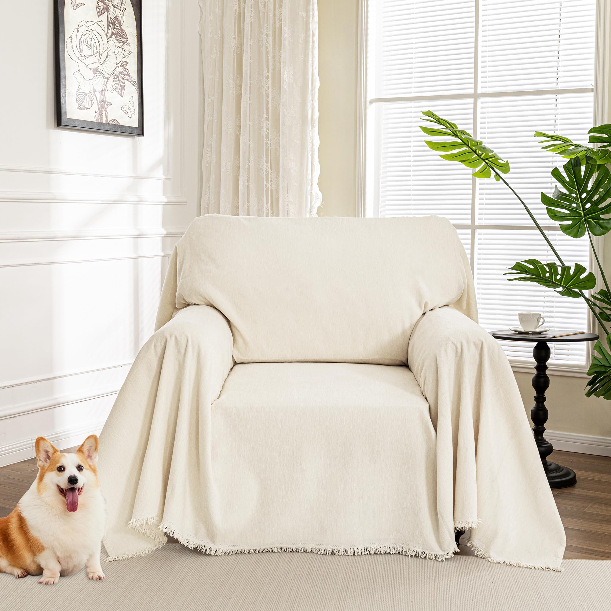 MYSKY HOME Couch Cover for Pets, Beige Couch Covers for 2 Cushion Couch Sofa, Sofa Slipcover Sectional L Shape Chenille Covers for Pets, Throw Couch for Dogs, Kids,71" X118"