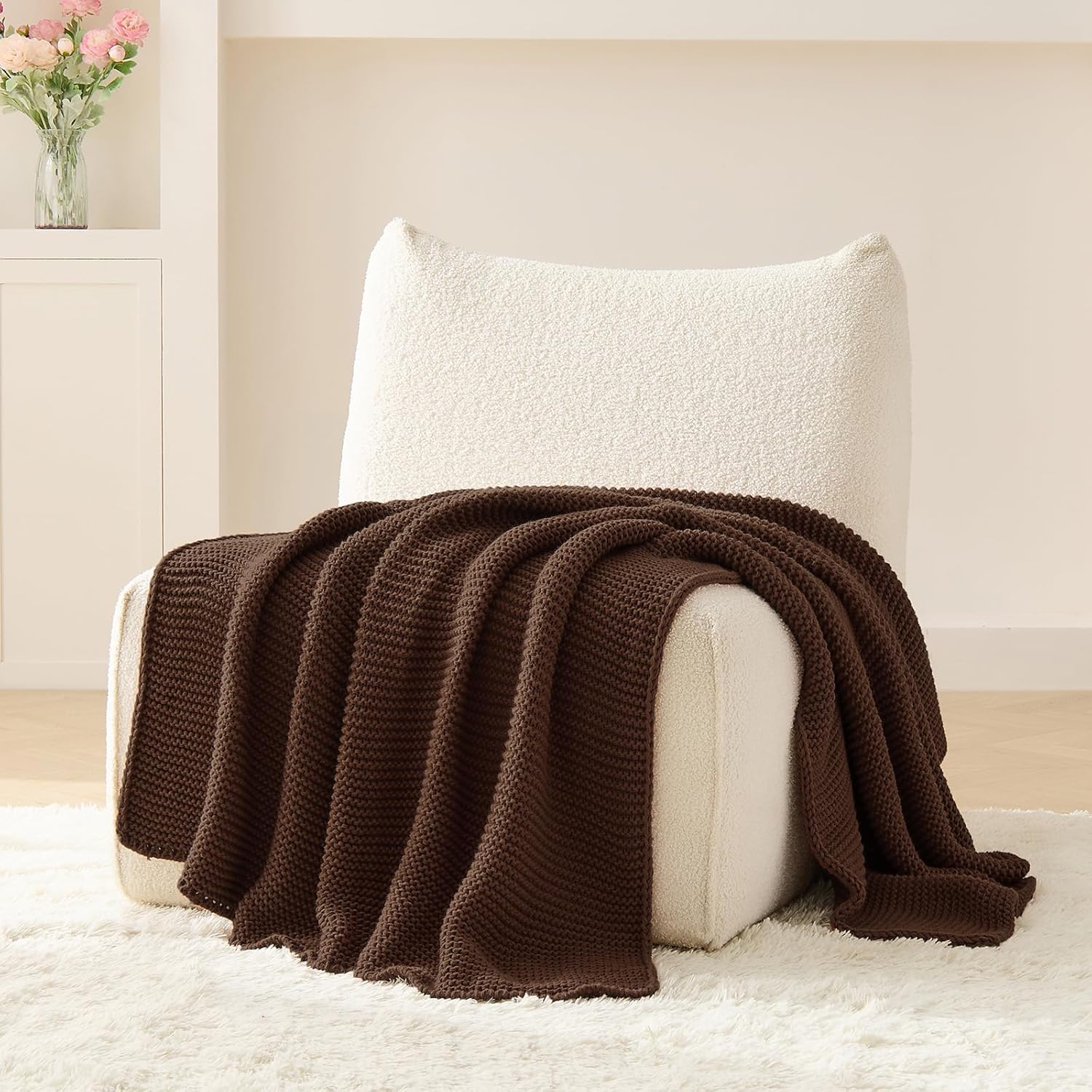 Dark Brown Throw Blanket for Couch, Brown Knit Throw Blanket, Soft Cozy Stretchy Reversible Garter Knitted Blankets for Bed, 50"x60", Dark Brown