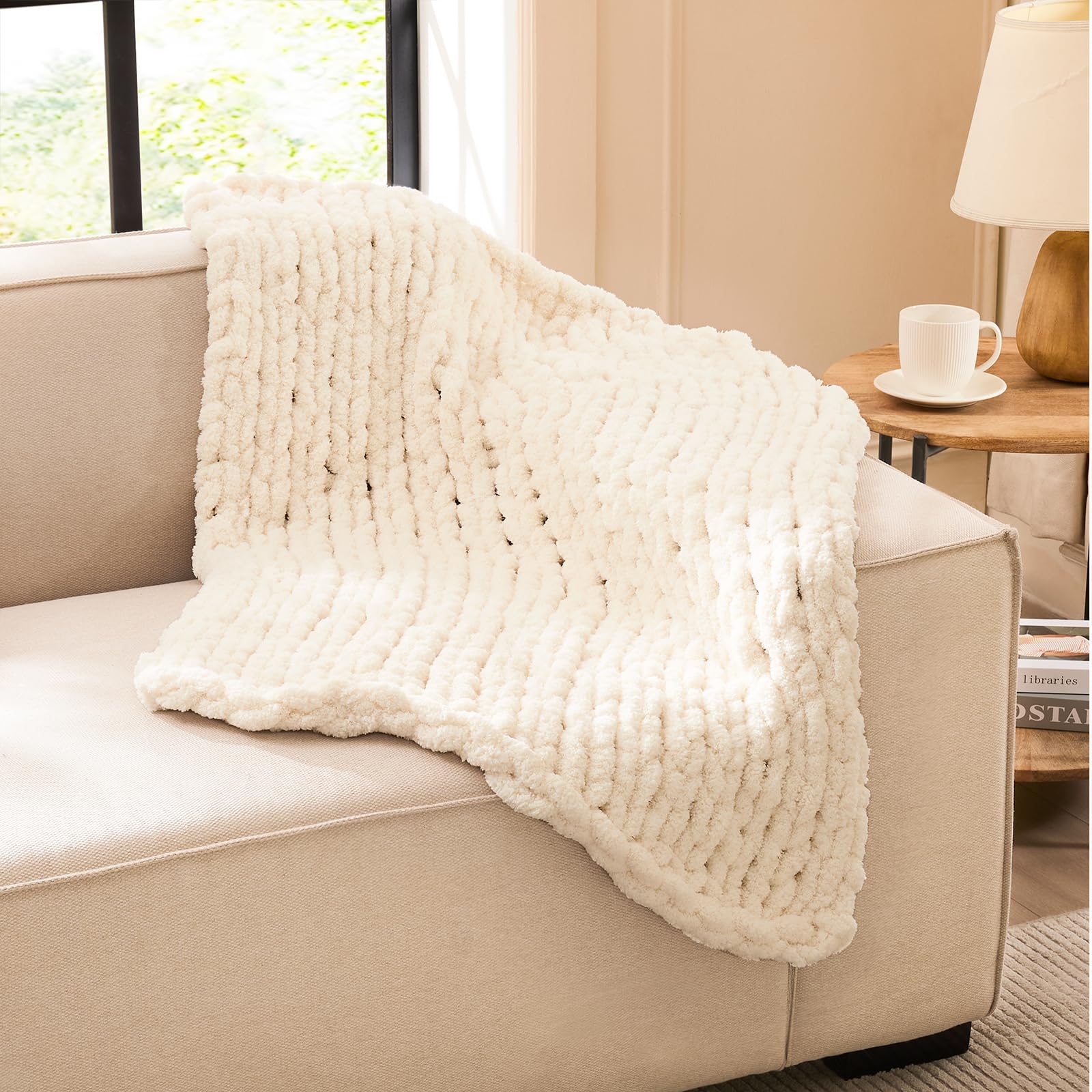 L'AGRATY Chunky Knit Blanket Throw,Soft Chenille Yarn Throw Blanket 50x60，Handmade Cable Knit Crochet Blanket,Large Knit Blankets Chunky Yarn,Rope Knot Throw Blanket for Couch Sofa Bed Home Decor