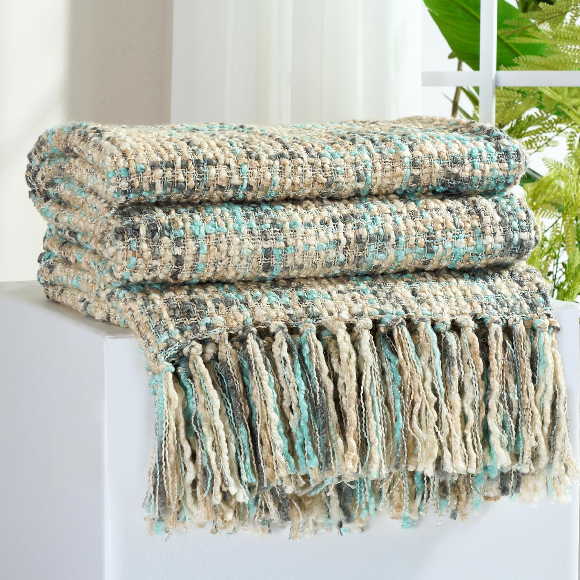 Multi-Color Gold Green Cable Woven Throw Blanket for Couch,50"X60" Boho Style Textured Blankets for Home Decor,Super Soft Warm Cozy Chunky Blanket with Decorative Tassels for Bed