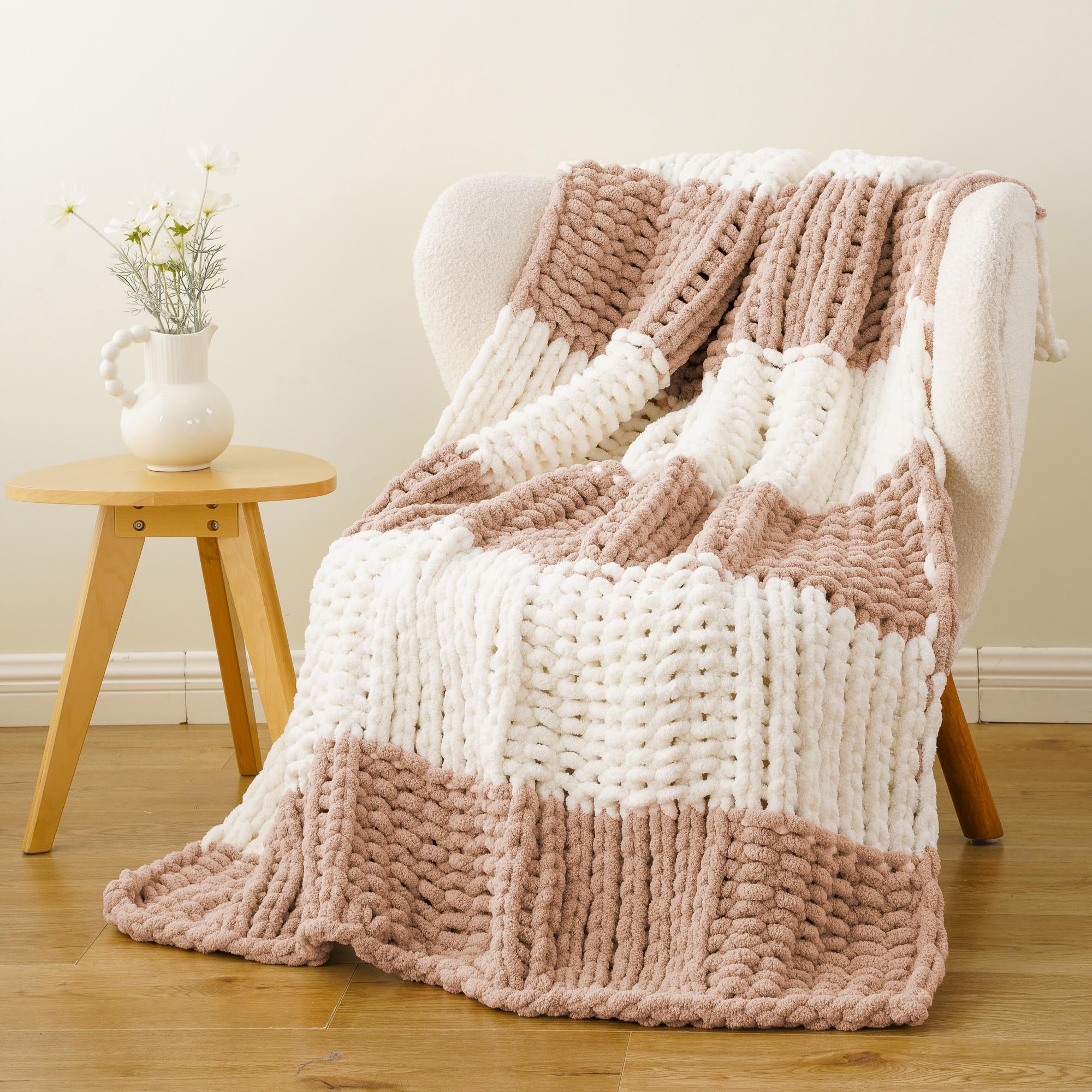 Battilo Brown Chunky Knit Throw Blanket, Soft and Thick Chenille Throw Blanket, 50"x60" Handmade Cable Knit Crochet Blanket, Knot Throw Blankets for Couch Sofa Bed Home Decor (Brown, 50"x60")