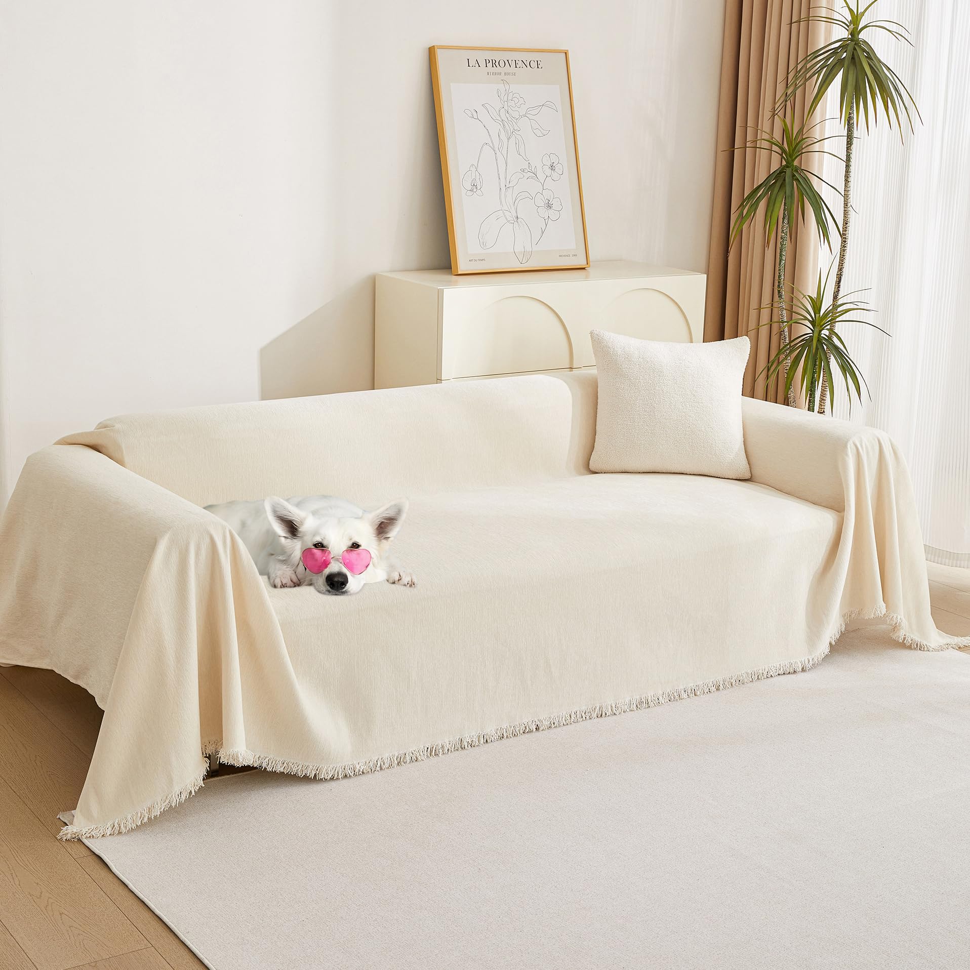 MYSKY HOME Couch Cover for Pets, Beige Couch Covers for 2 Cushion Couch Sofa, Sofa Slipcover Sectional L Shape Chenille Covers for Pets, Throw Couch for Dogs, Kids,71" X118"